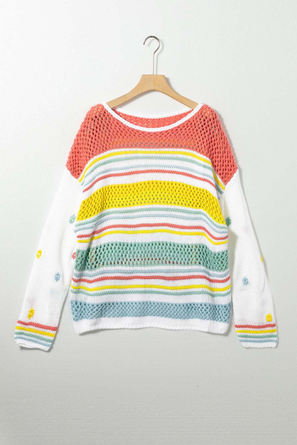 Višebojni šuplji prugasti pleteni pulover s kontrastnim rukavima