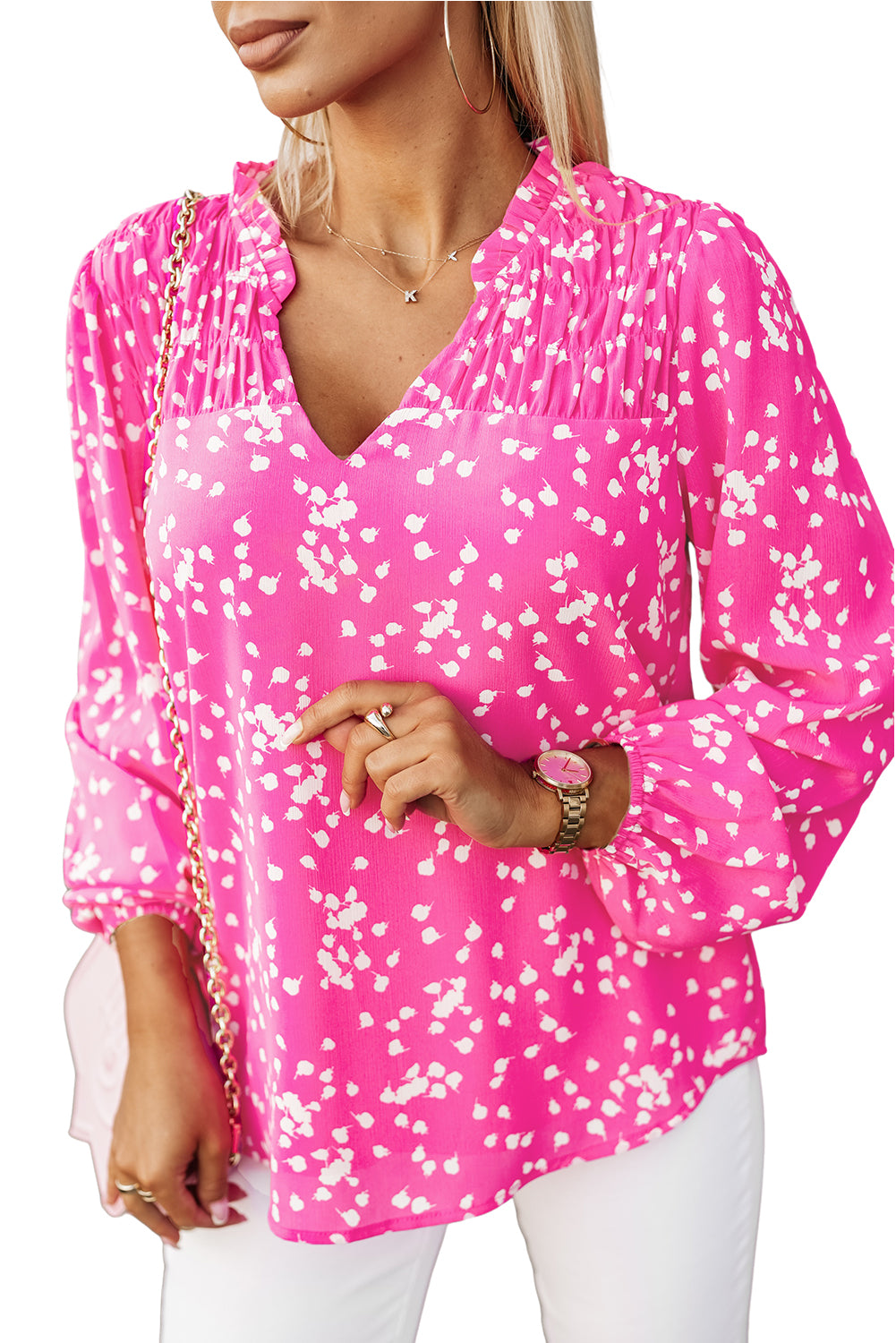 Rosafarbene, bedruckte, gekräuselte Bluse mit geschlitztem Ausschnitt