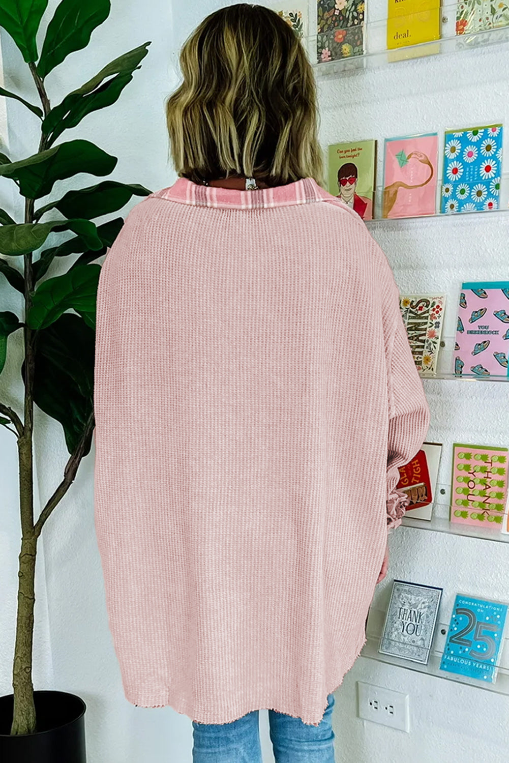 Veste surdimensionnée en tricot gaufré haut et bas à carreaux rose abricot