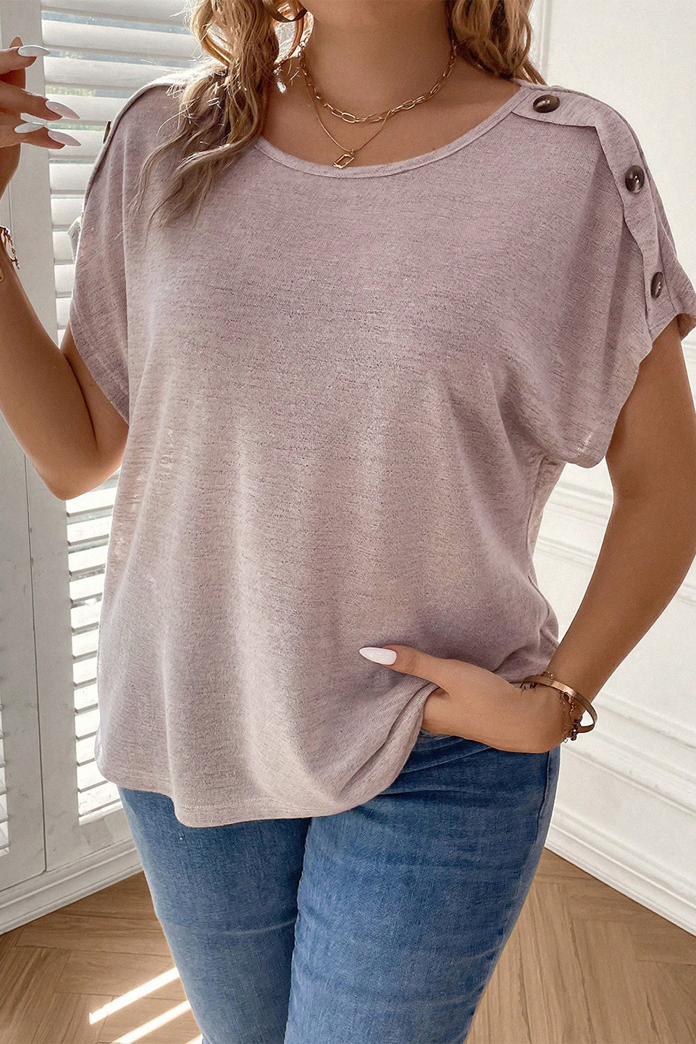 Delicacy Plus Size Button Detail Batwing Sleeve Tee