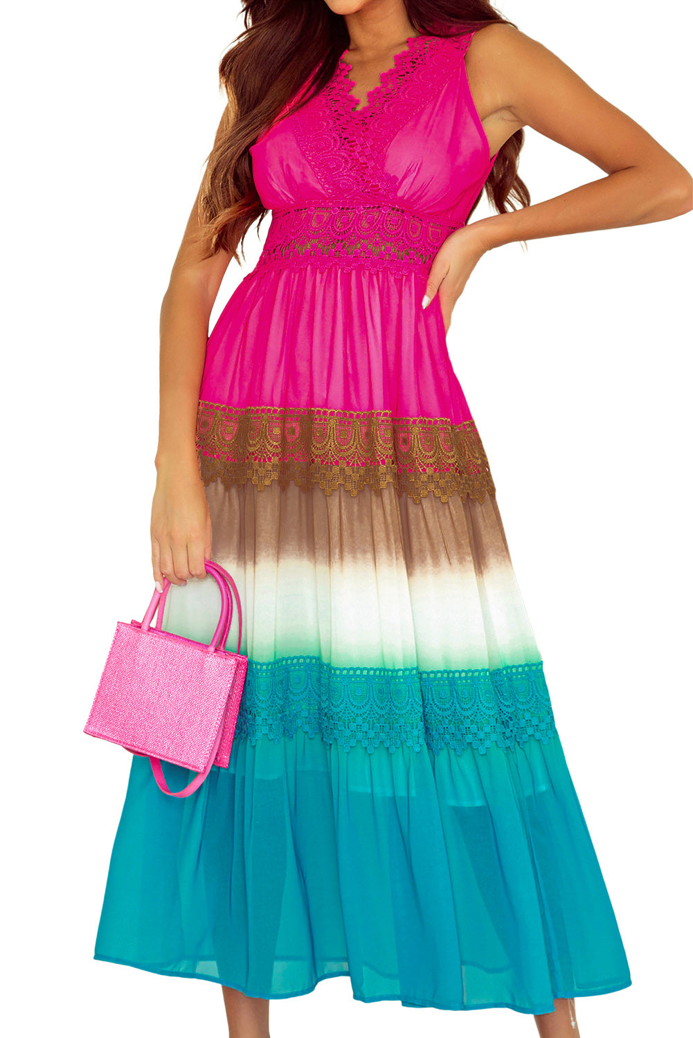 Langes Kleid mit mehrfarbigen Spitzennähten und Farbverlauf in Regenbogenfarben