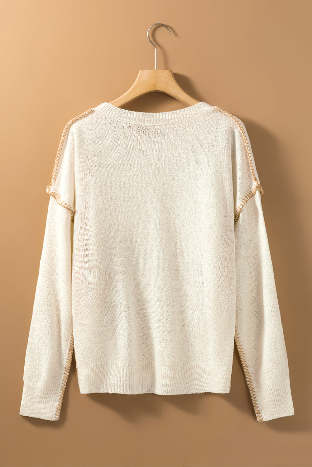 Beige Exposed Stitching Chest Pocket Drop Shoulder Sweater