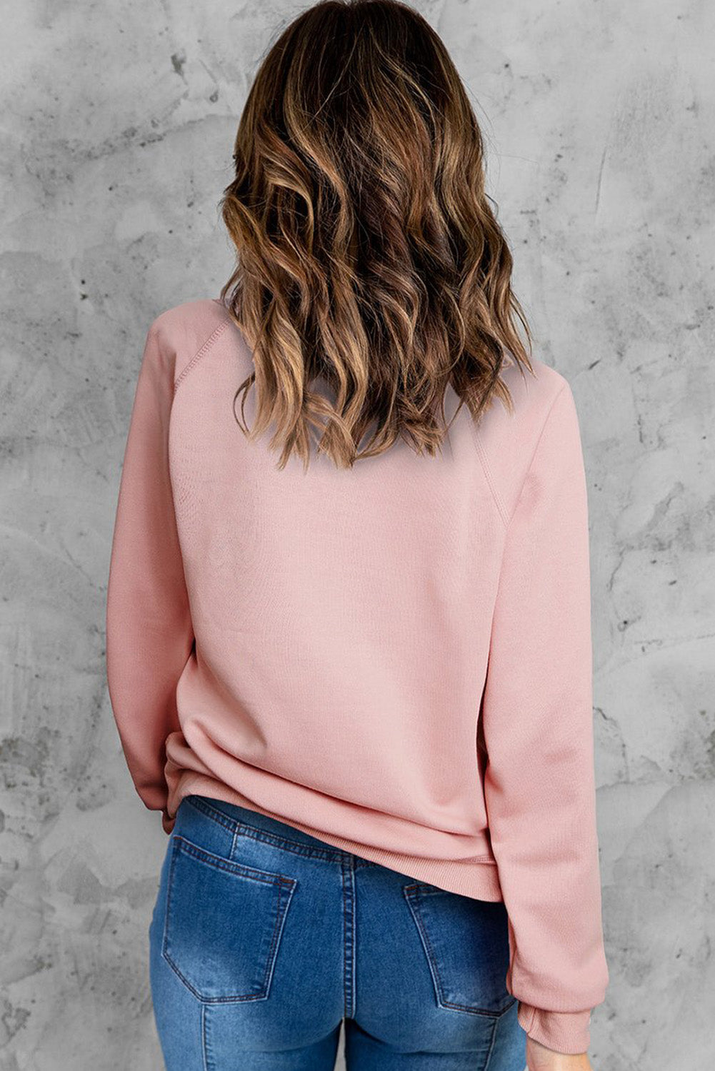 Pink Heart-shaped Print Crew Neck Long Sleeve Pullover Sweatshirt