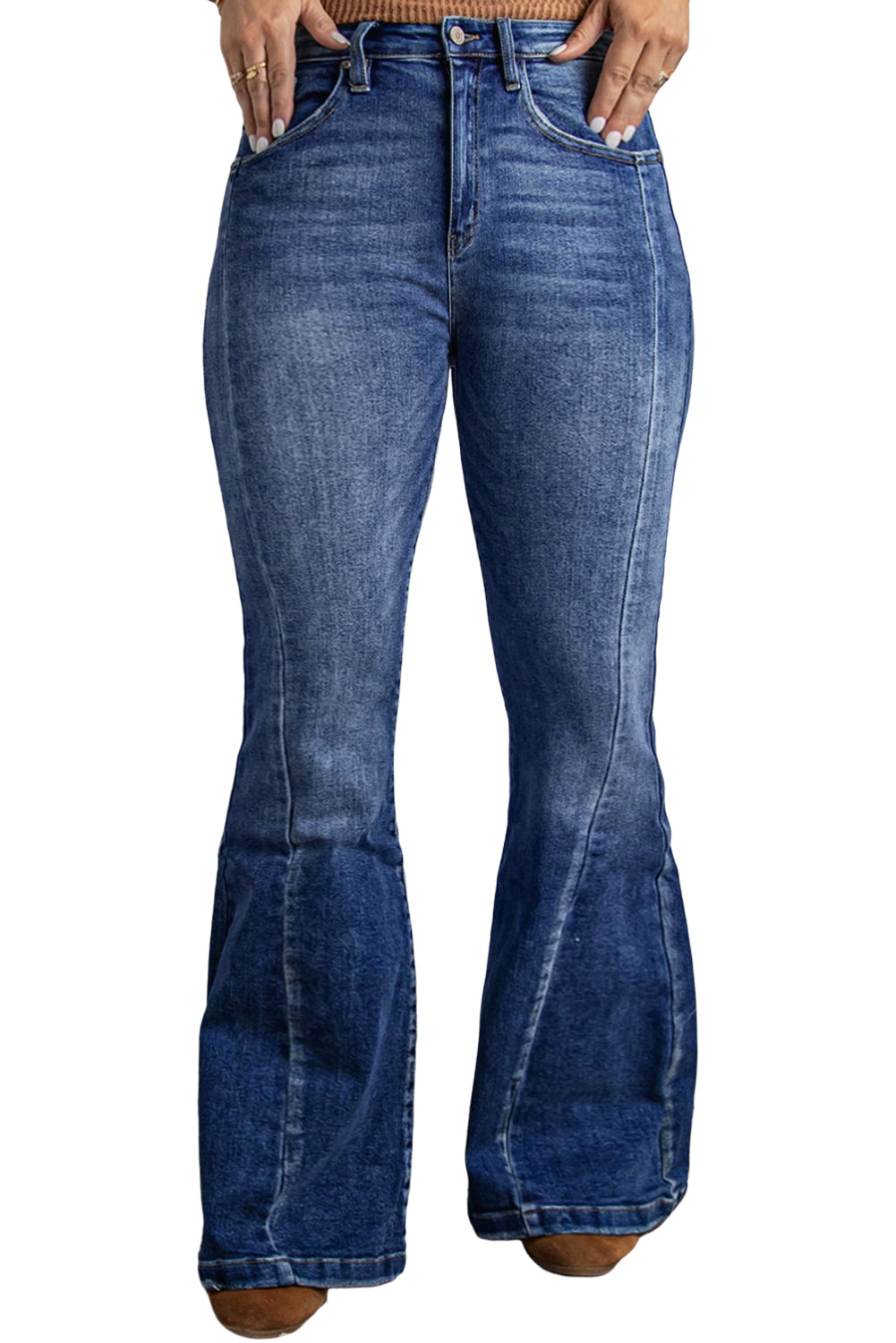 Dunkelblaue, ausgewaschene Flare-Jeans in Übergröße mit Nähten