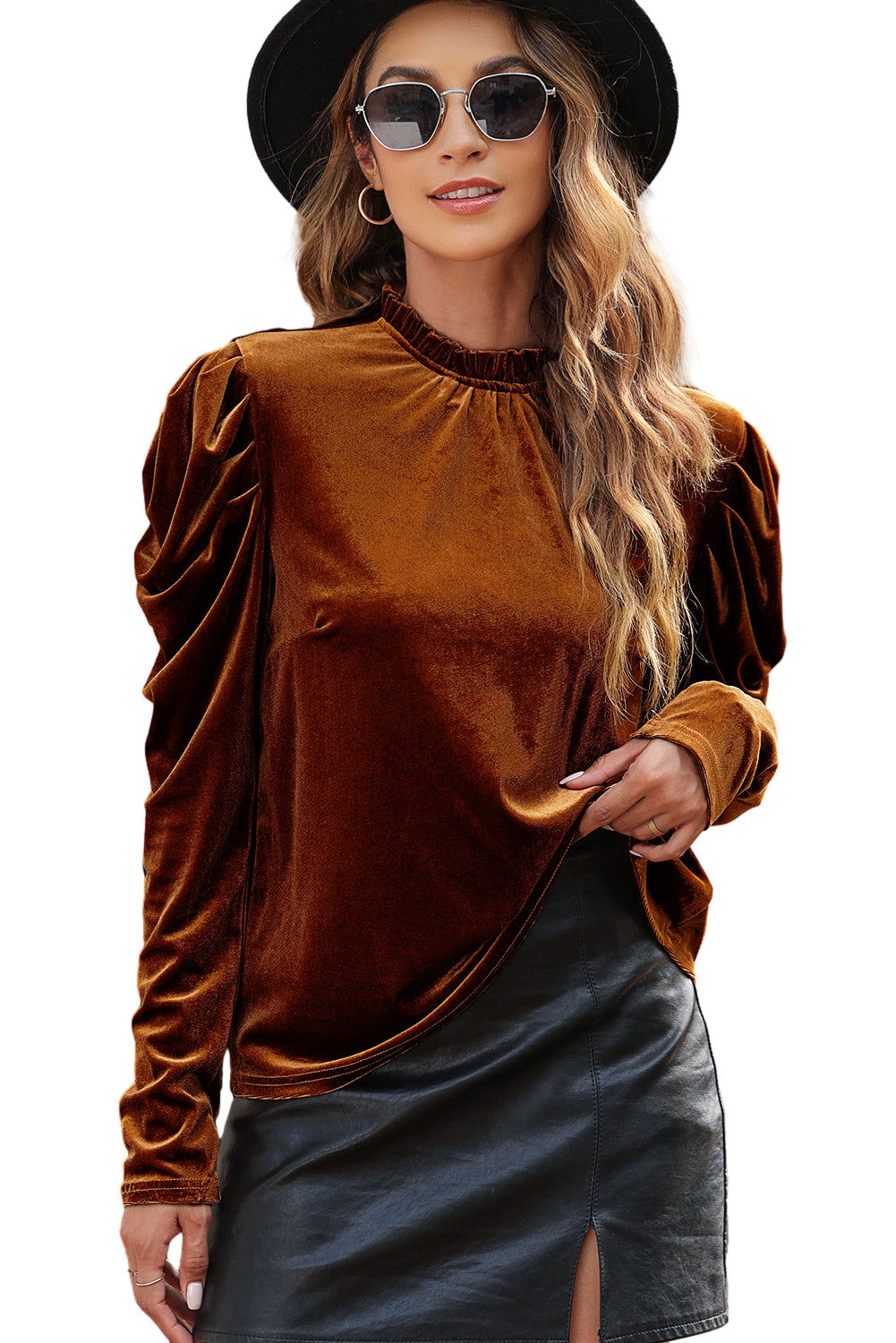 Chestnut Frilled Collar Puff Sleeve Velvet Top