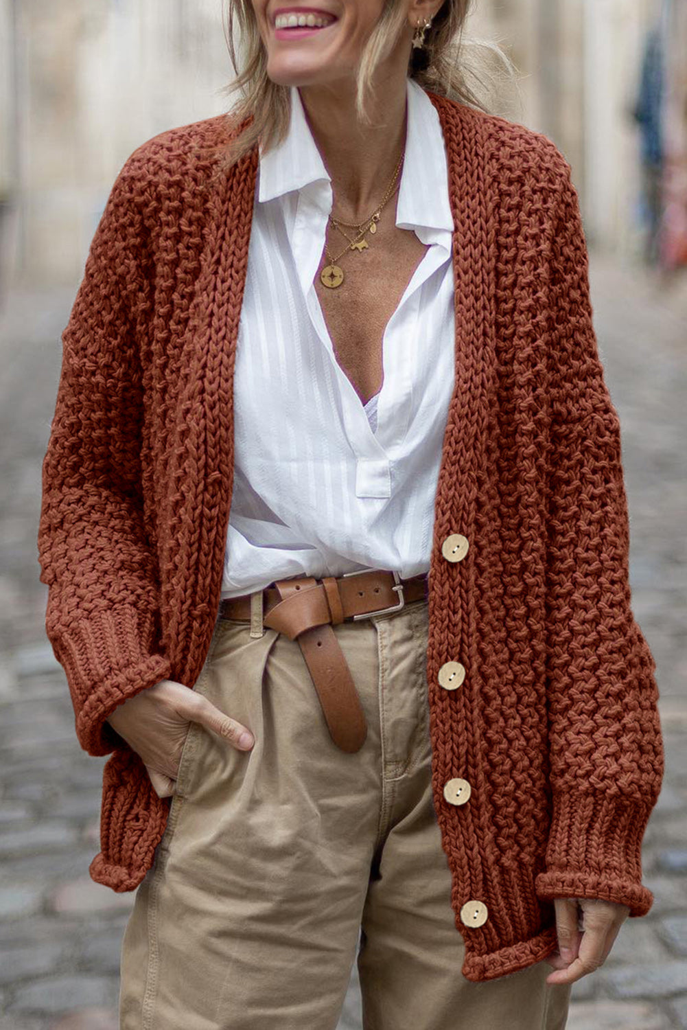 Cardigan boutonné sur le devant en tricot torsadé vintage en bois de santal rouge