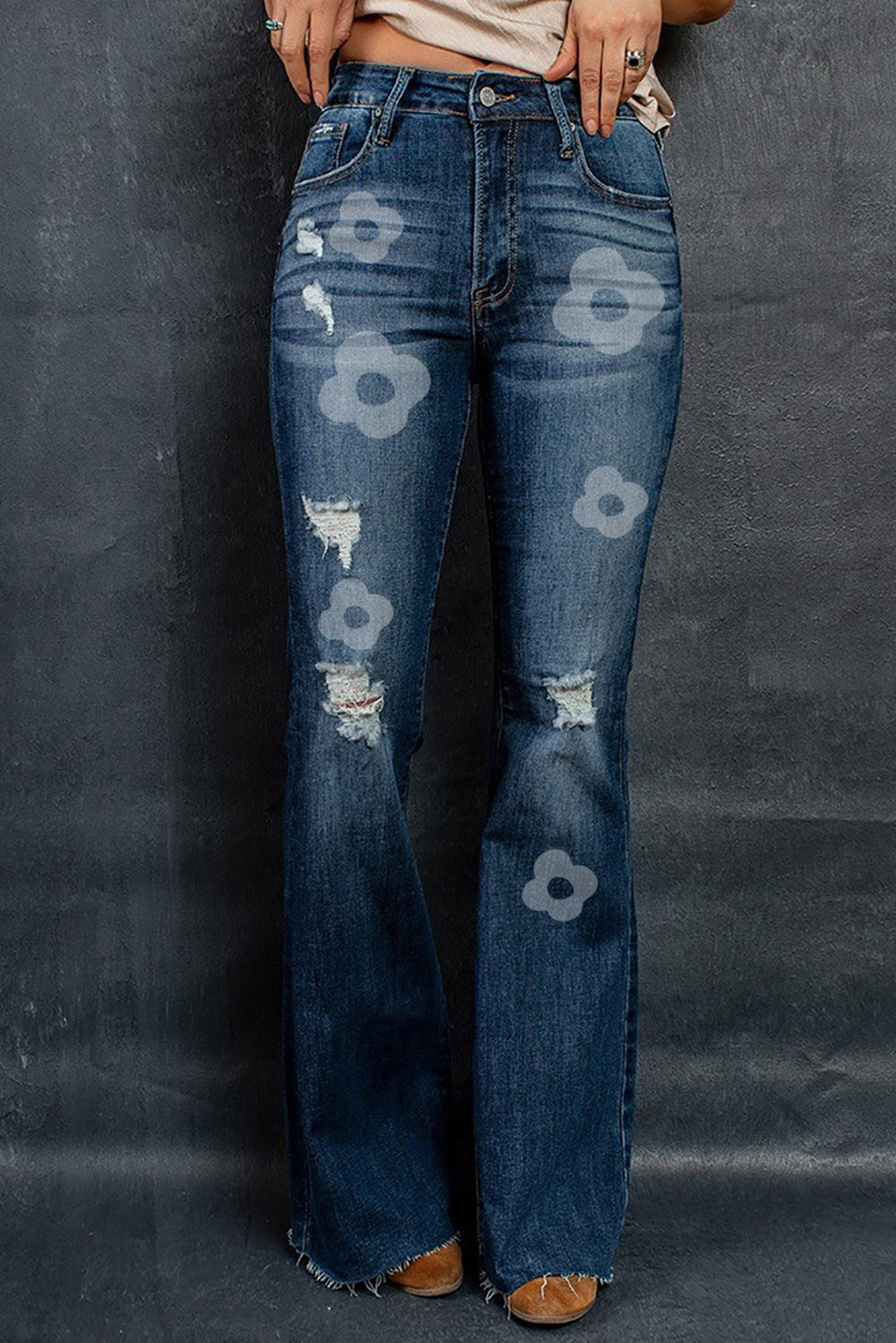 Blue Floral Print Mid Waist Ripped Bell Bottom Jeans