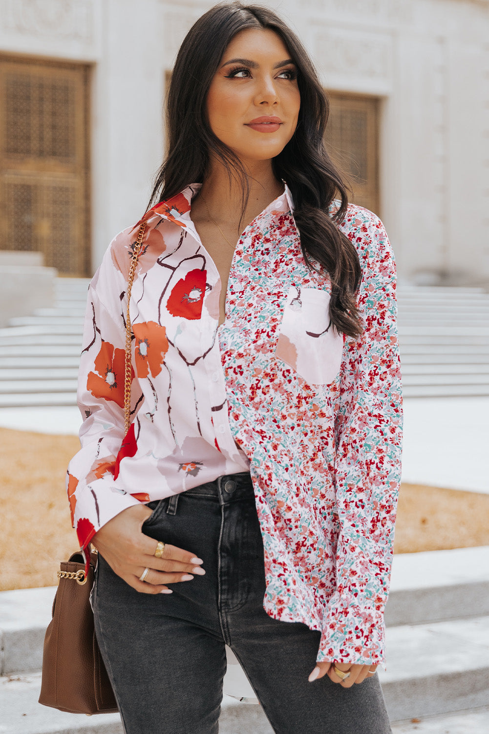 Fiery Red Floral Patchwork Buttoned Shirt with Pocket