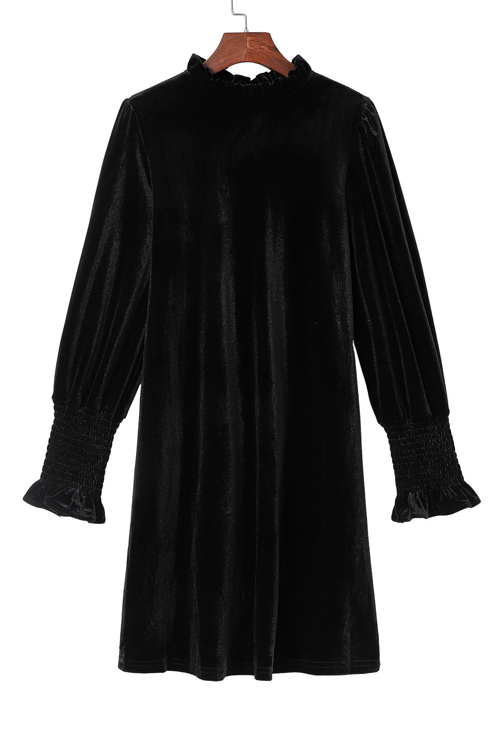 Crna baršunasta haljina dugih rukava s volanima i dugim rukavima