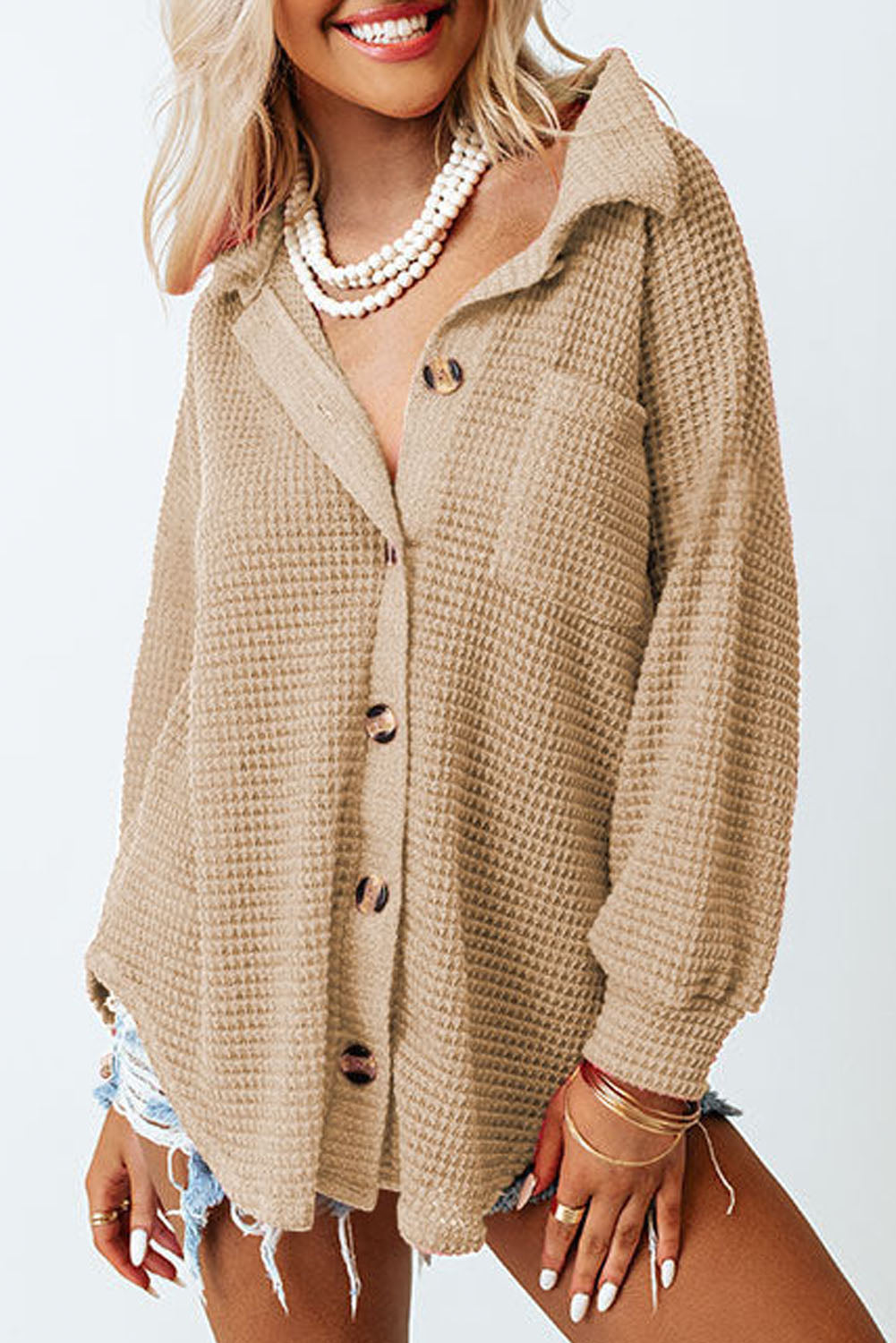 Chemise décontractée boutonnée en tricot gaufré marron