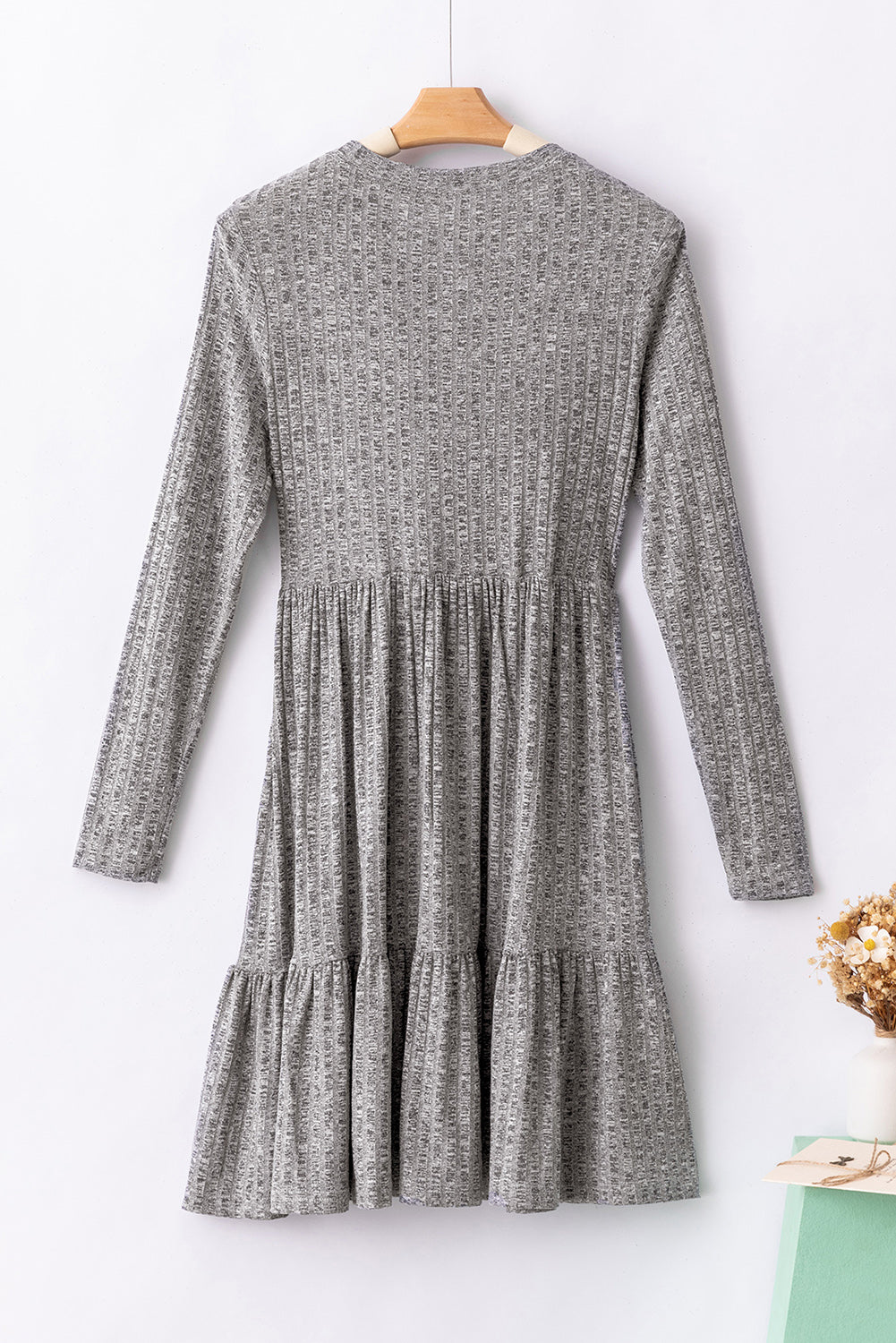 Gray Pinstriped Textured Ruffled A-line Midi Dress
