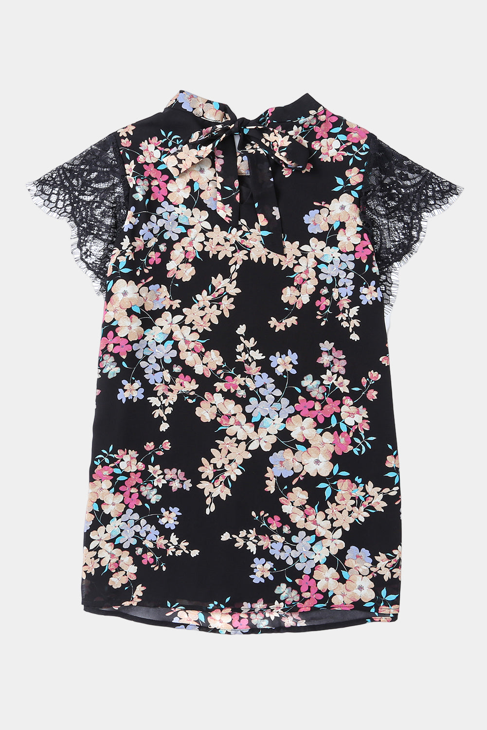 Črna elegantna bluza s čipkastimi rokavi s cvetličnim vzorcem