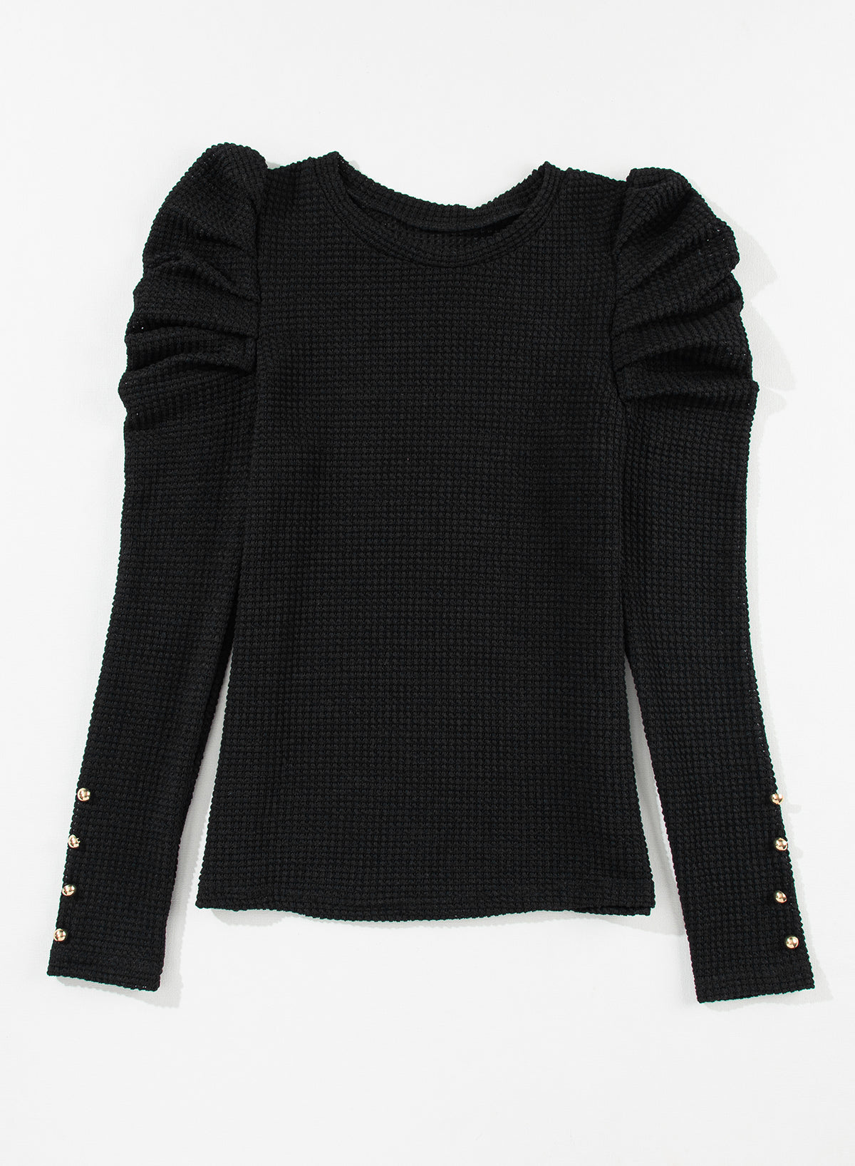 Black Solid Color Textured Buttoned Gigot Sleeve Top