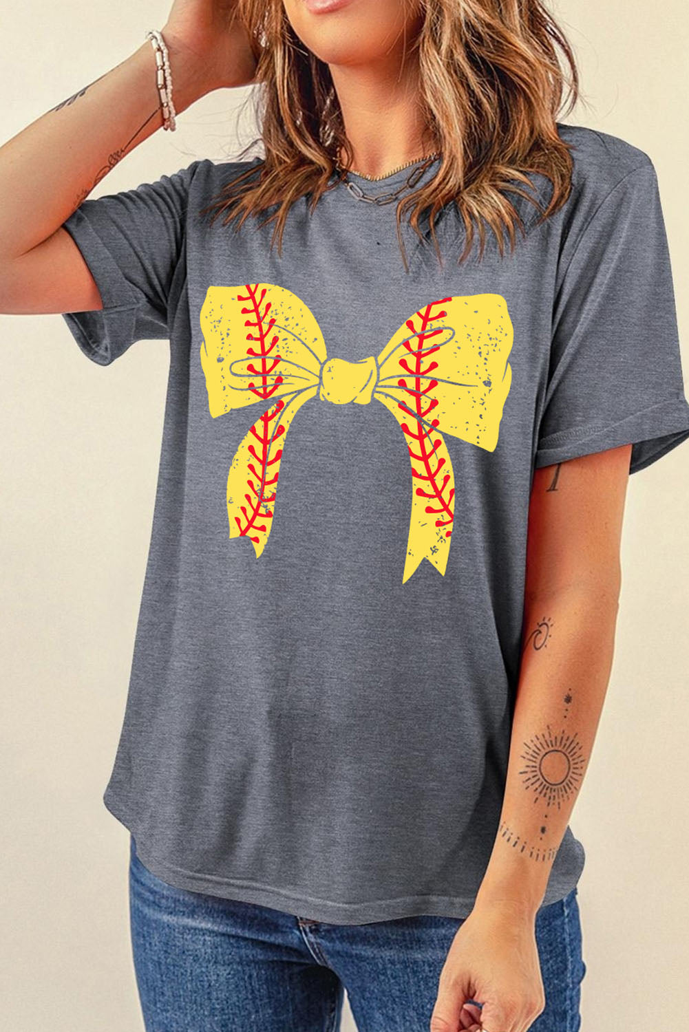 Rosarotes Baseball-Bowknot-Grafik-Freizeit-T-Shirt