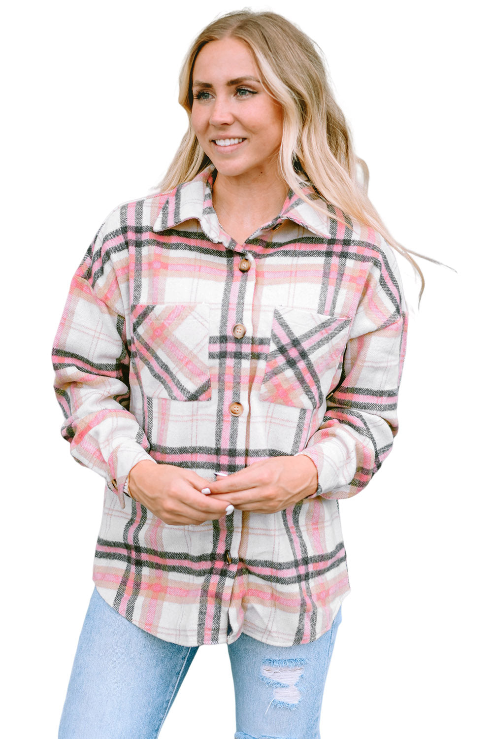 Ružičasta karirana jakna s prednjim džepom na prsima