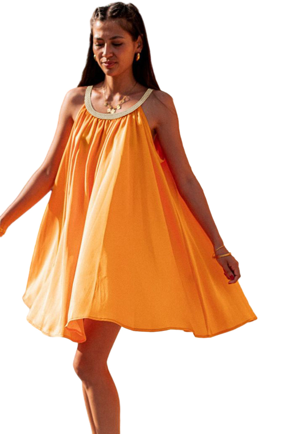 Vitality Narančasta Boho Babydoll haljina bez rukava s tkanim izrezom