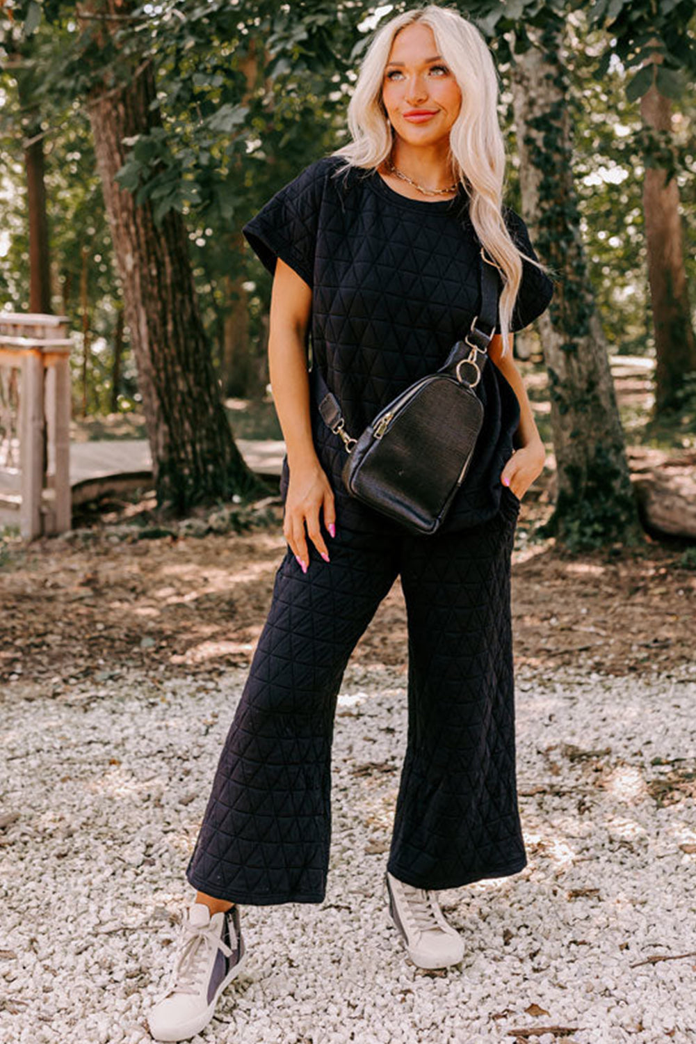 Black Quilted Short Sleeve Wide Leg Pants Set