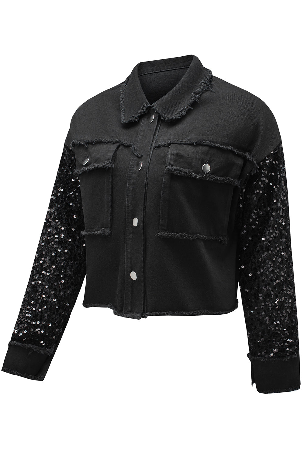 Crna traper jakna sa šljokicama i džepovima od sirovog ruba
