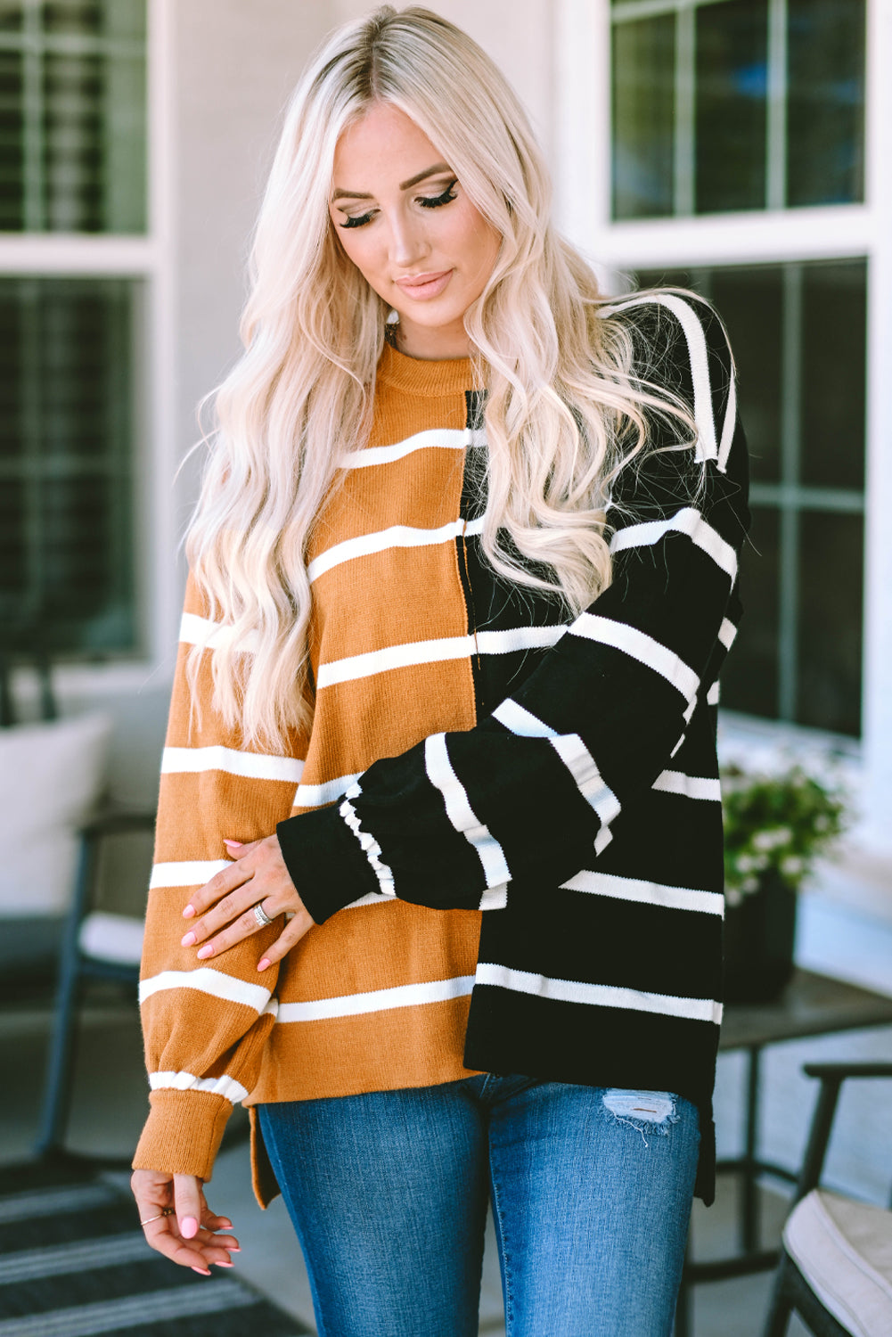 Brown Oversized Contrast Printed Dropped Shoulder Top