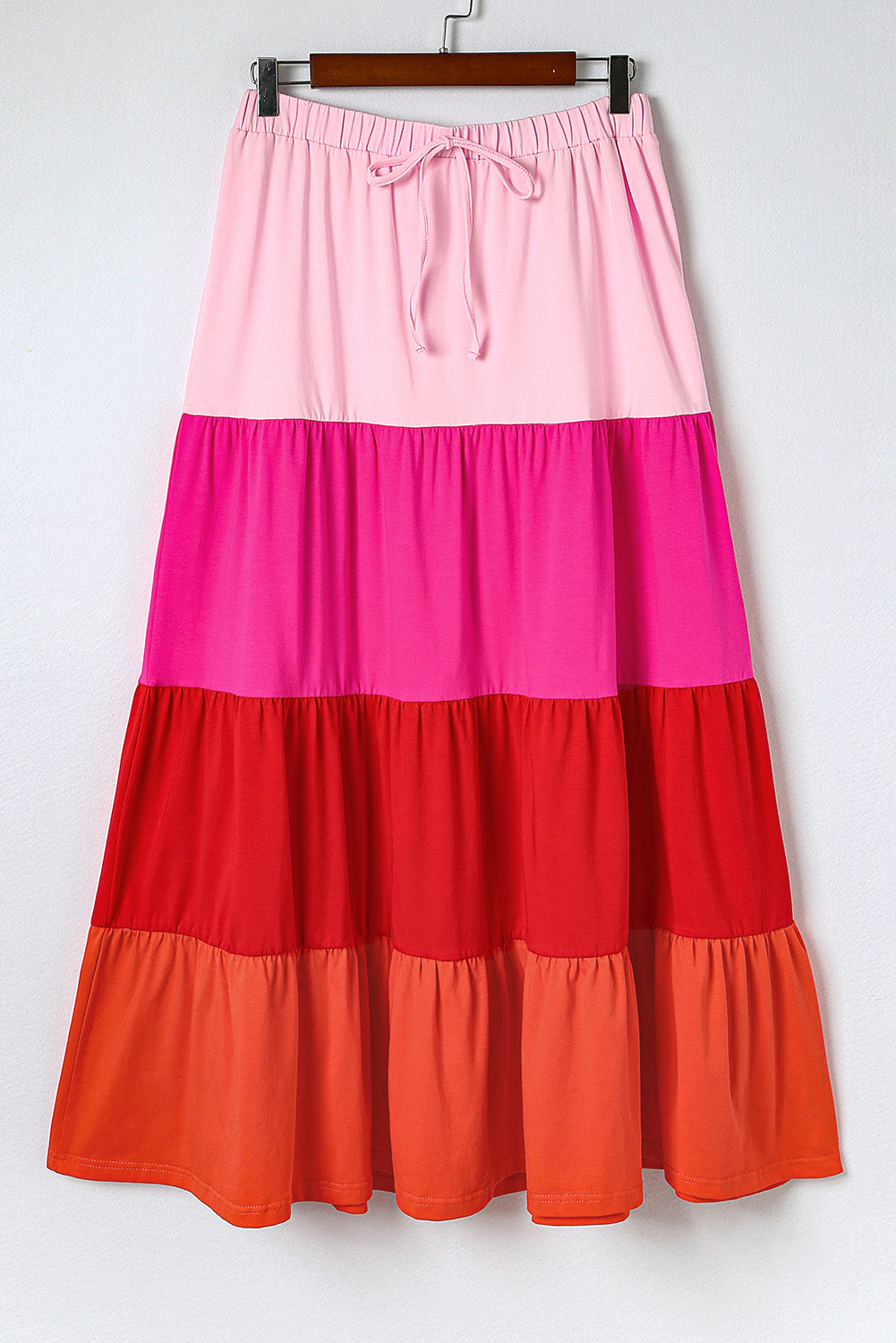 Pink Color Block Tiered Drawstring High Waist Maxi Skirt