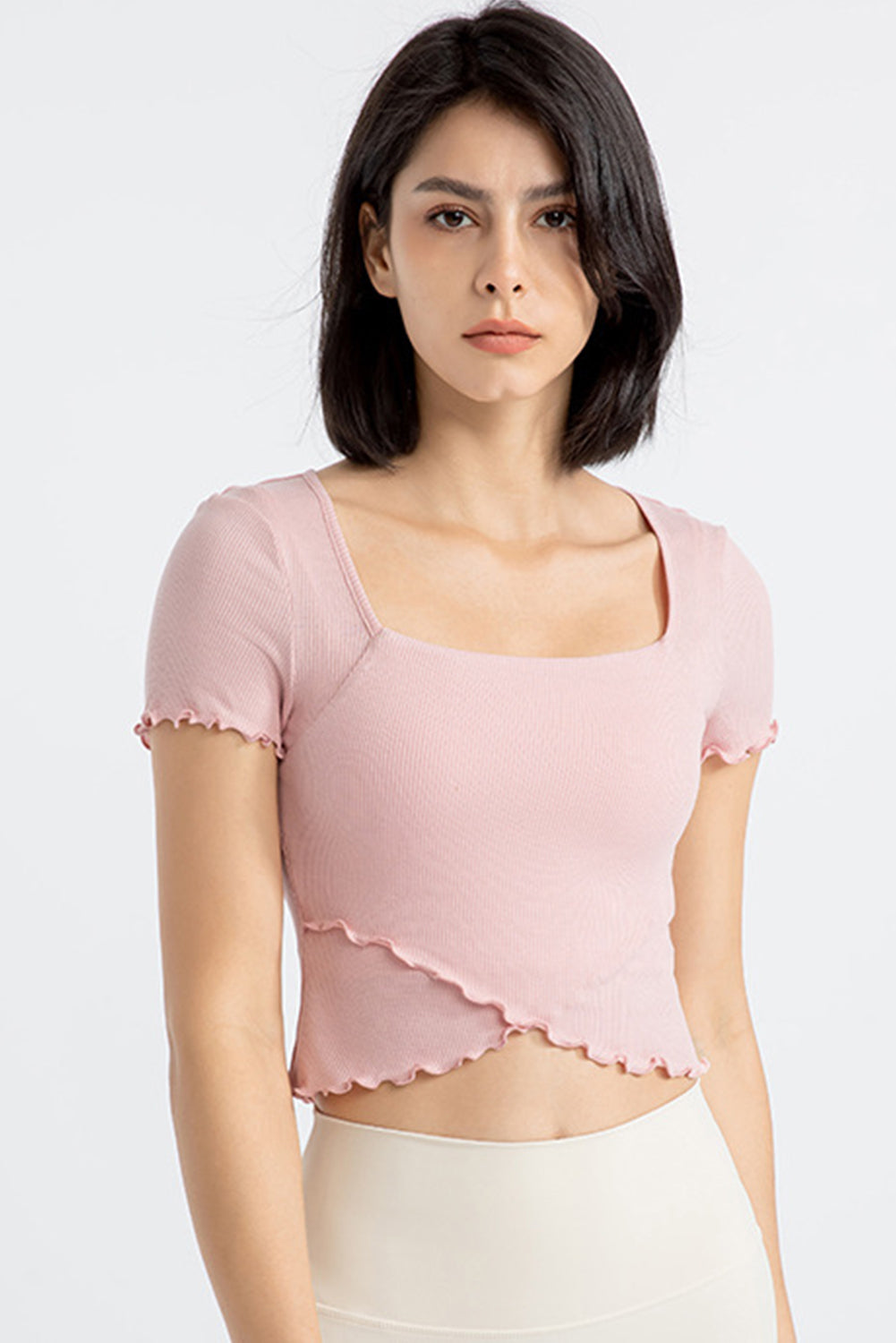 Light Pink Frilly Trim Crossed Hem Cropped Yoga Top