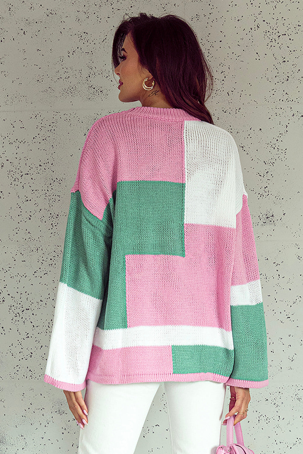 Rosafarbener Colorblock-Pullover mit überschnittenen Schultern und Glockenärmeln
