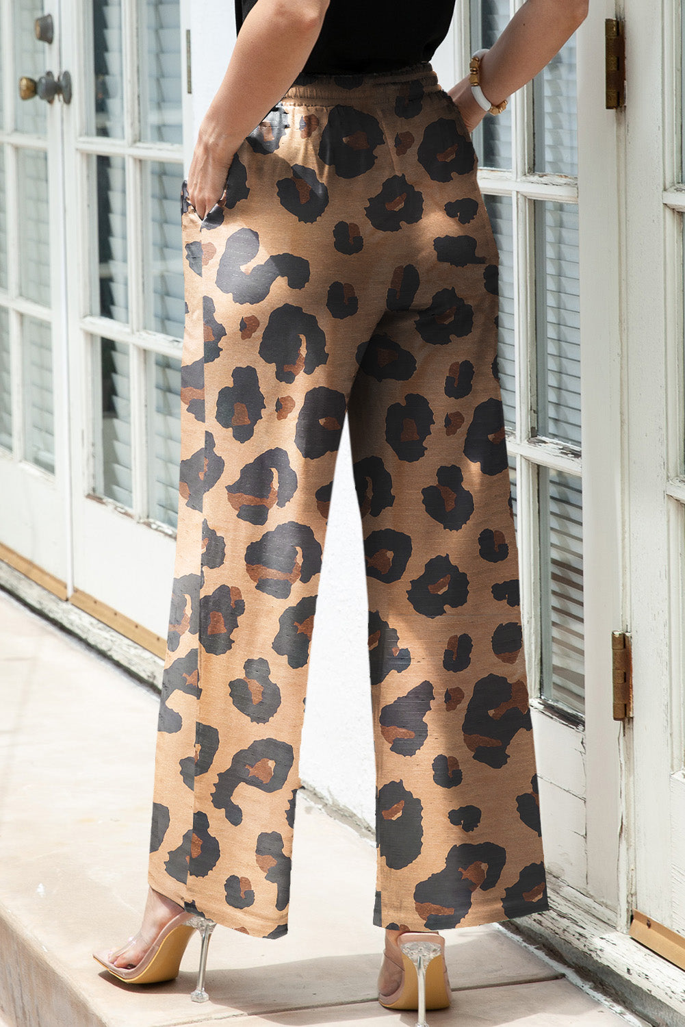 Leopard široke hlače z vrvico za prosti čas