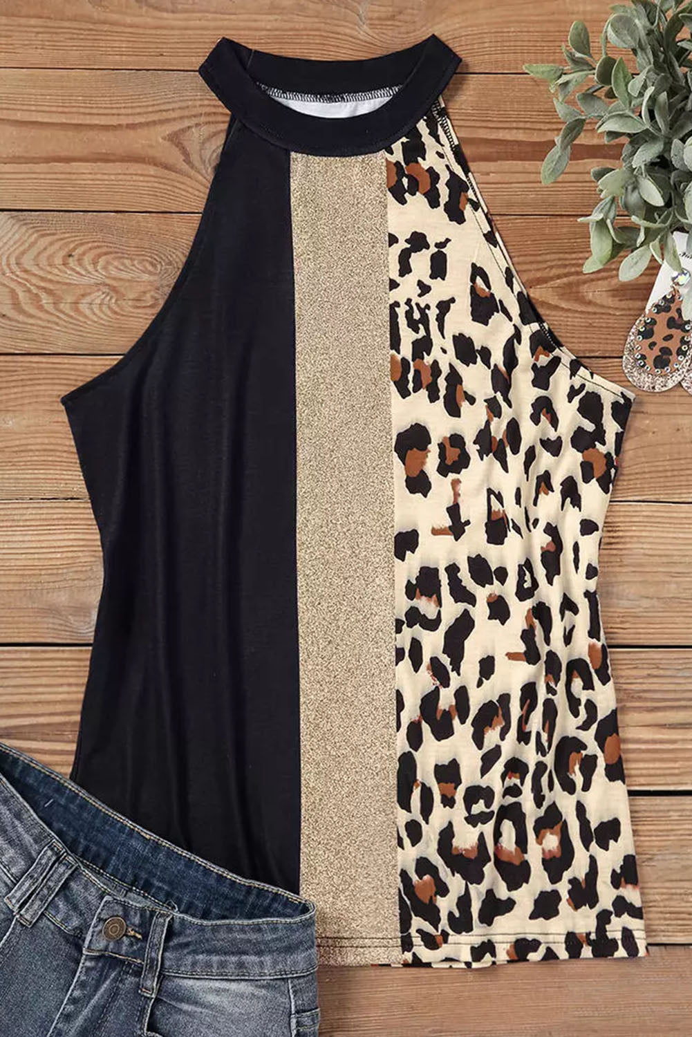 Black Leopard Color Block Ležerna majica bez rukava