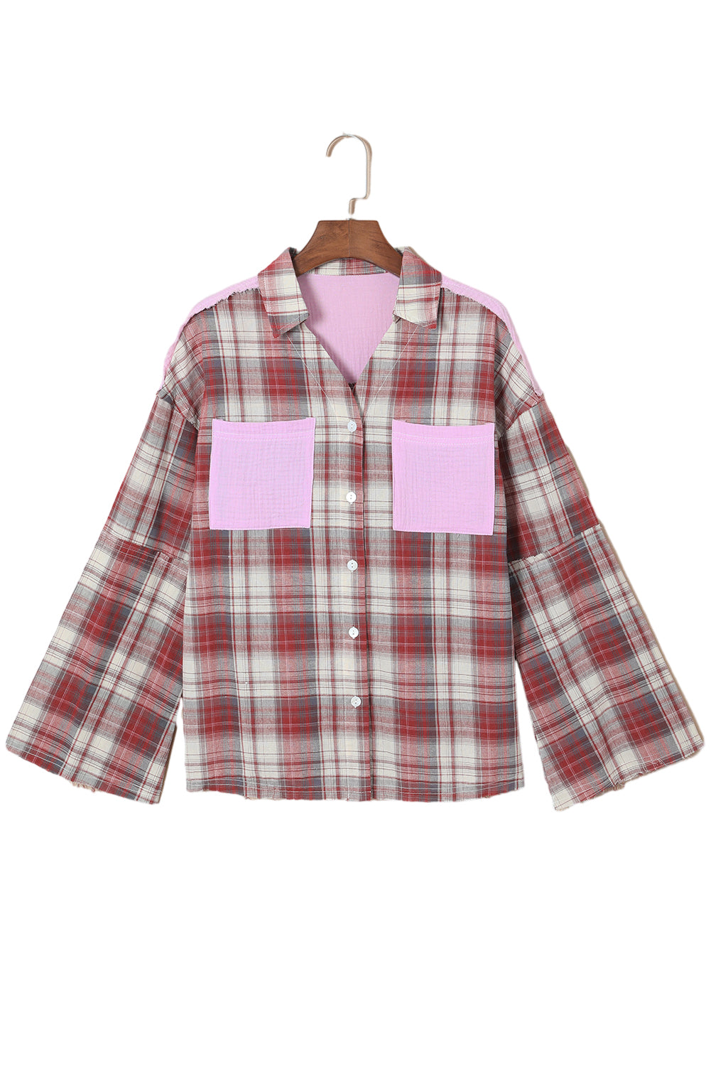 Fiery Red Contrast Patchwork Raw Edge Distressed Plaid Shirt