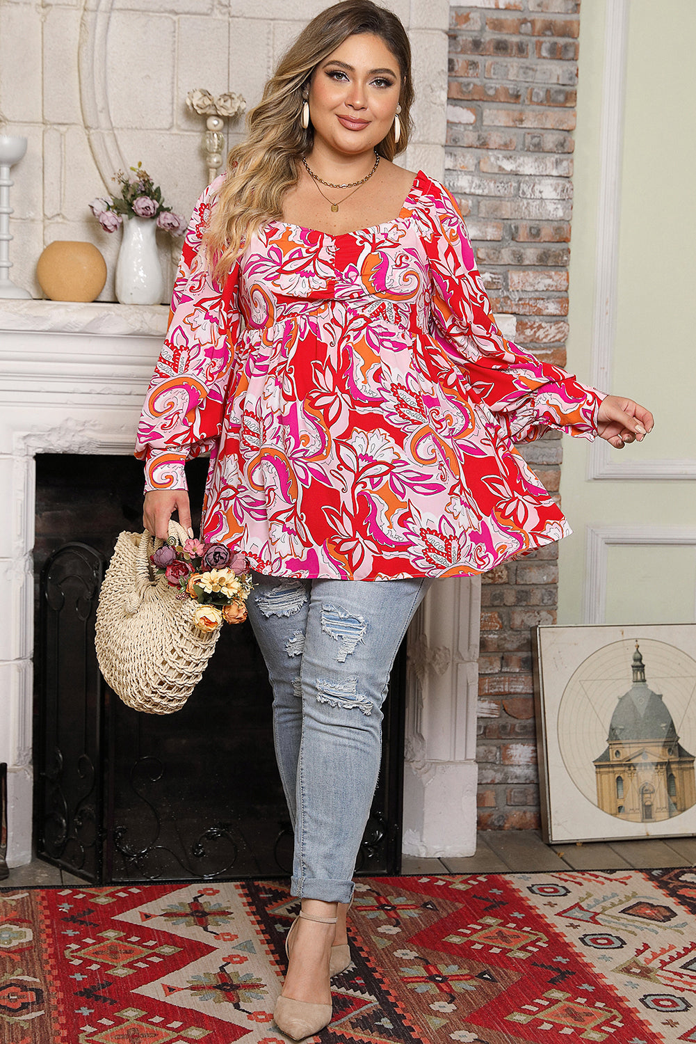 Fiery Red Plus Size Floral Sweetheart Neck Babydoll Blouse