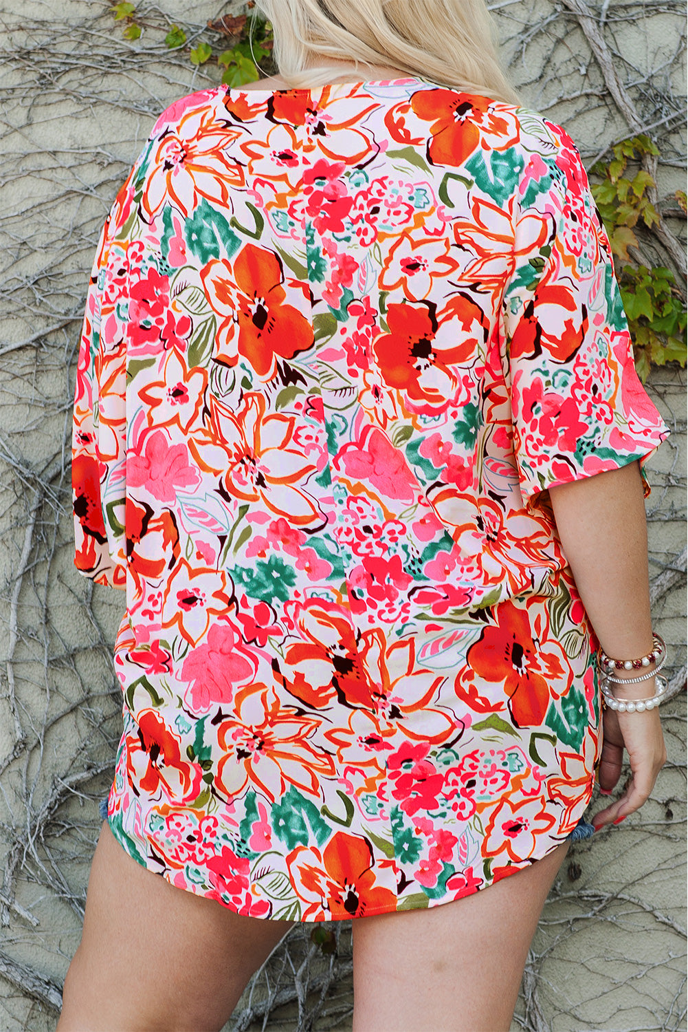 Rose Plus Size-Hemd mit Blumendruck und Kimonoärmeln