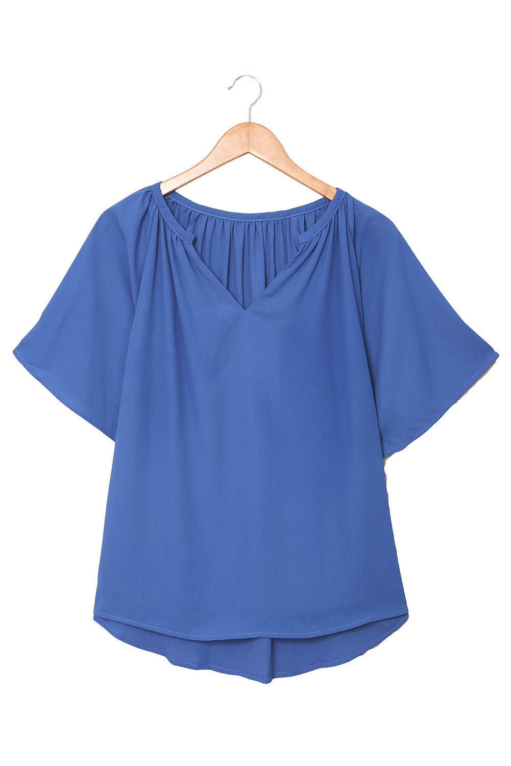 Blaue, plissierte, lockere Bluse mit geteiltem Ausschnitt