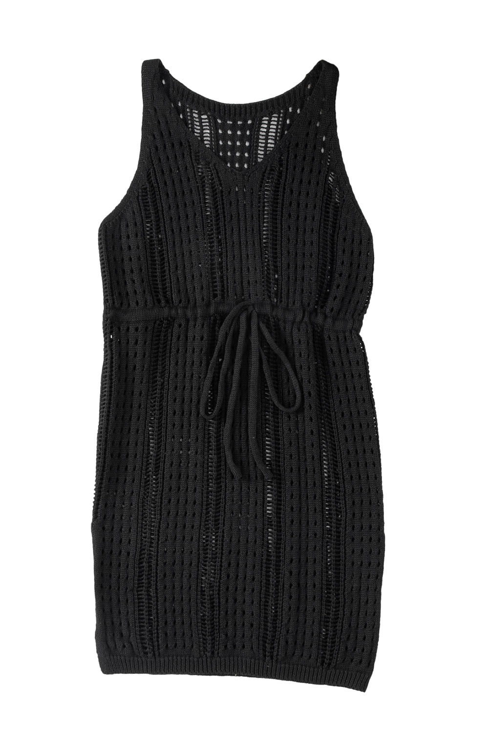 Crna heklana izdubljena haljina za plažu bez rukava s uzicom