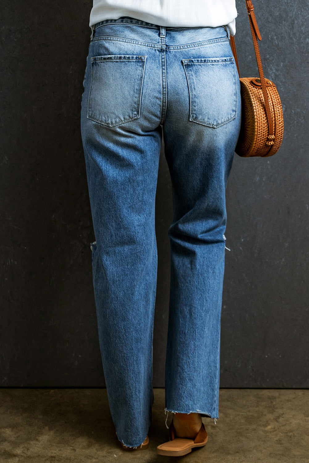 Light Blue Distressed Holes Raw Edge Straight Jeans