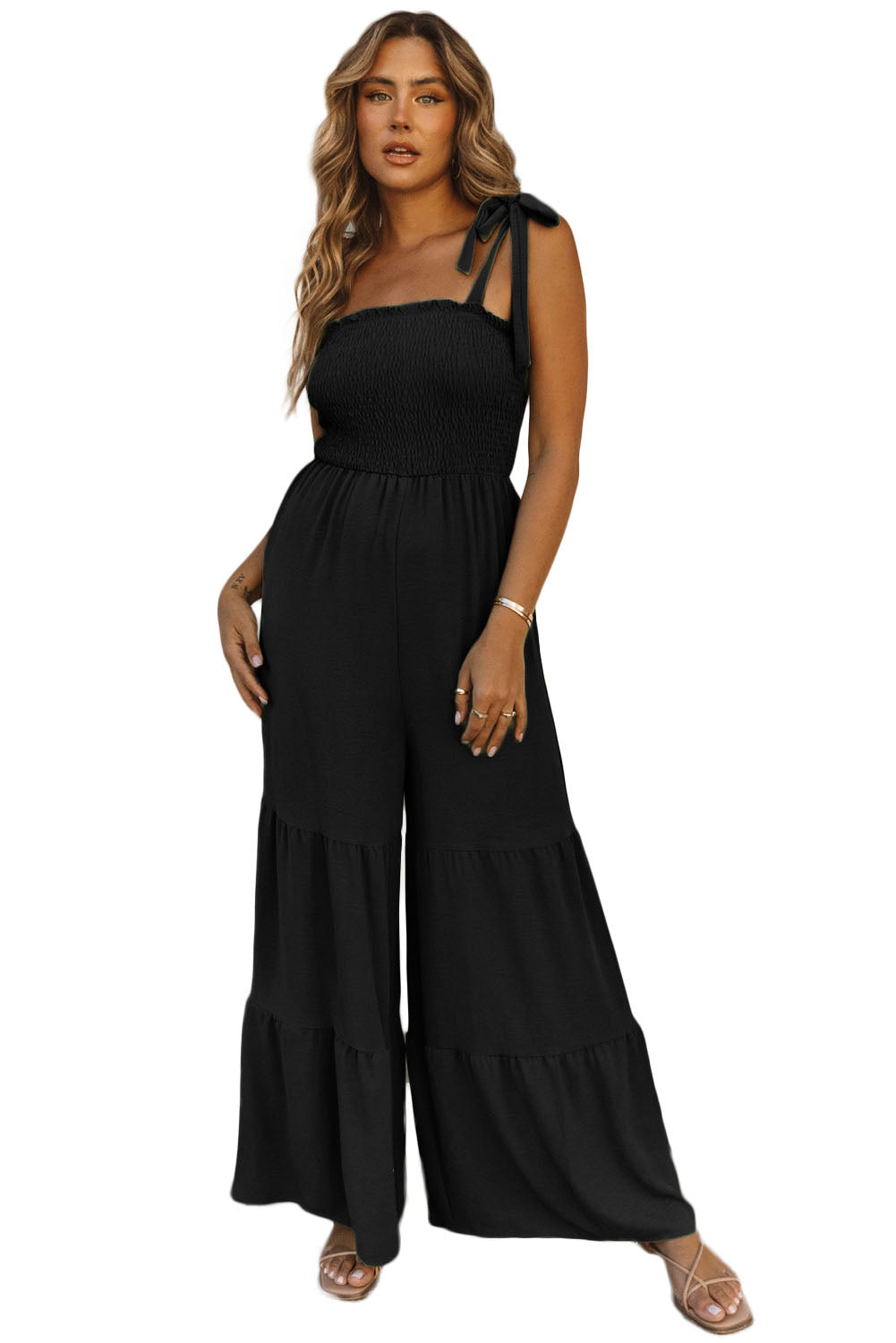 Apricot Tie Straps Shirred Bodice Tiered Wide Leg Jumpsuit