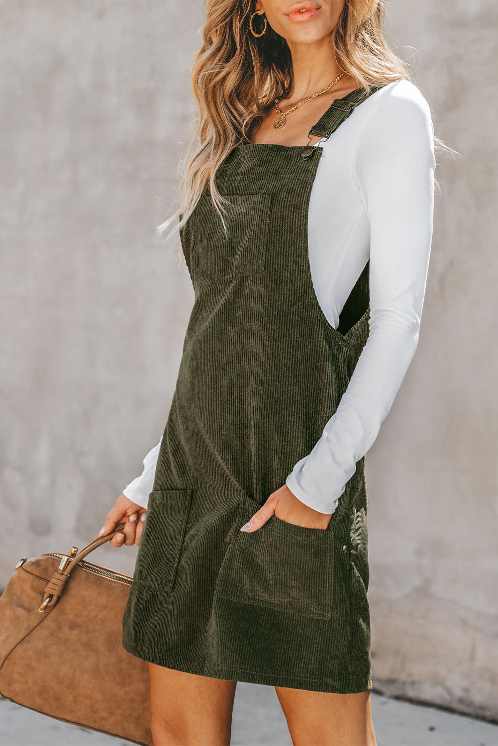 Vineyard Green Solid Front Pockets Sleeveless Corduroy Overall Dress