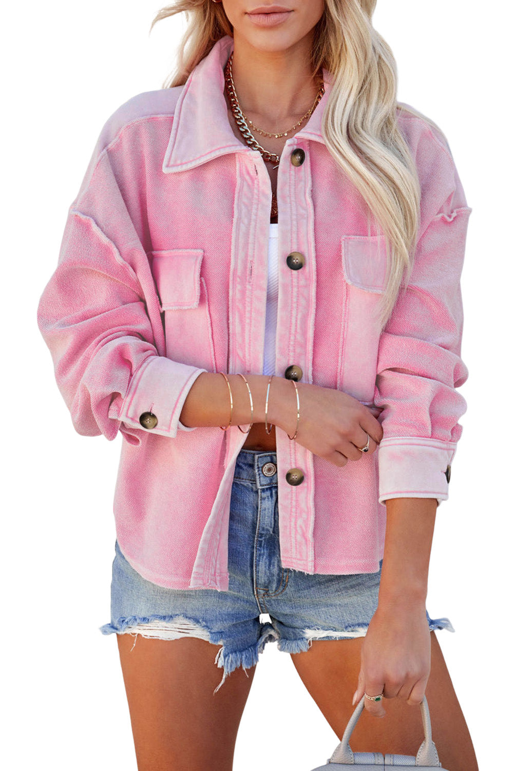 Rožnata srajčna jakna z žepi z zavihanim ovratnikom
