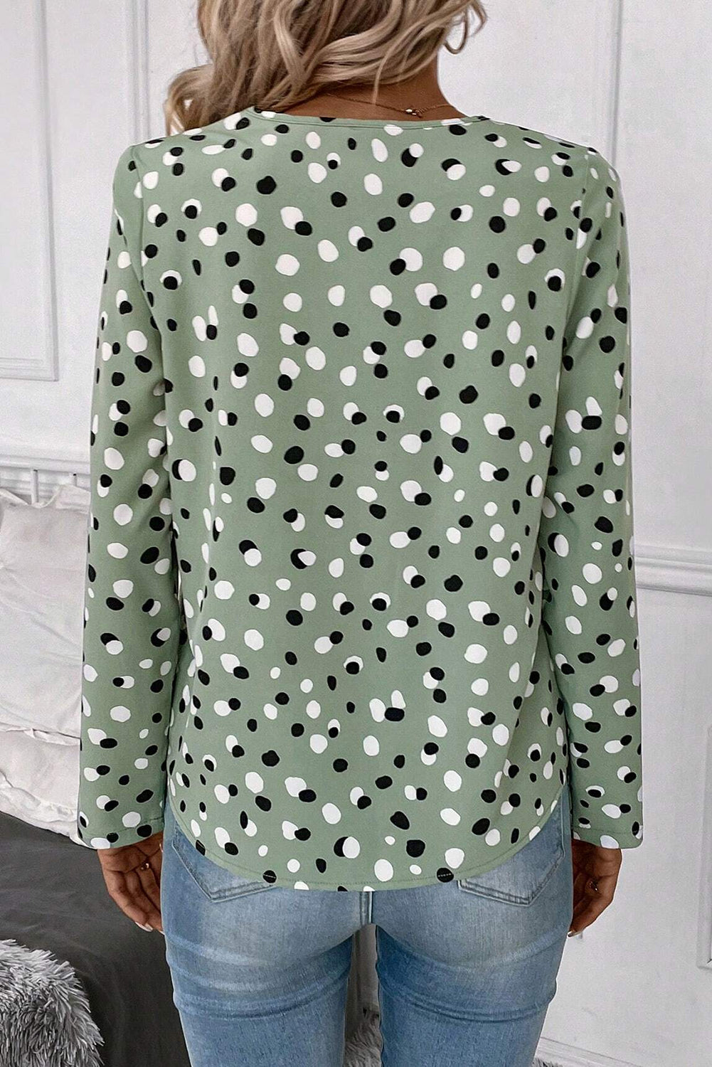 Green Polka Dot Print Button Front V Neck Blouse