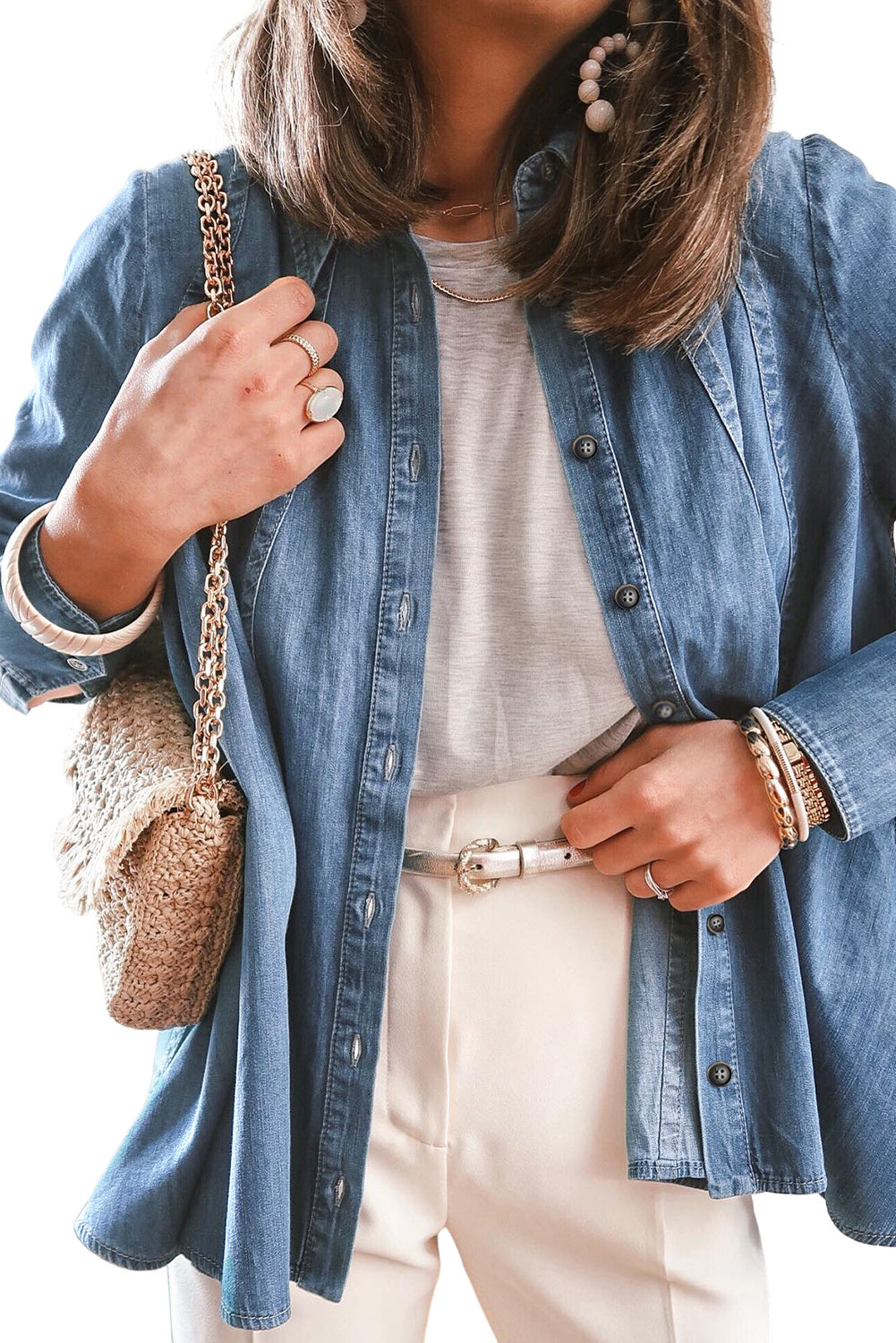 Nebesno modra srajčna jakna z dolgimi rokavi in ​​gumbi