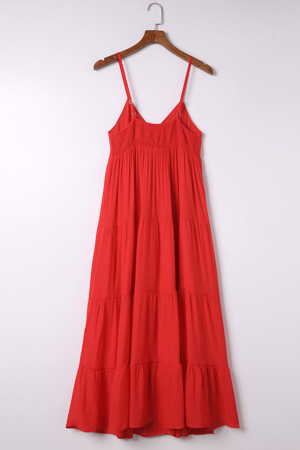 Fiery Red O-ring Smocked Back Spaghetti Straps Tiered Maxi Dress