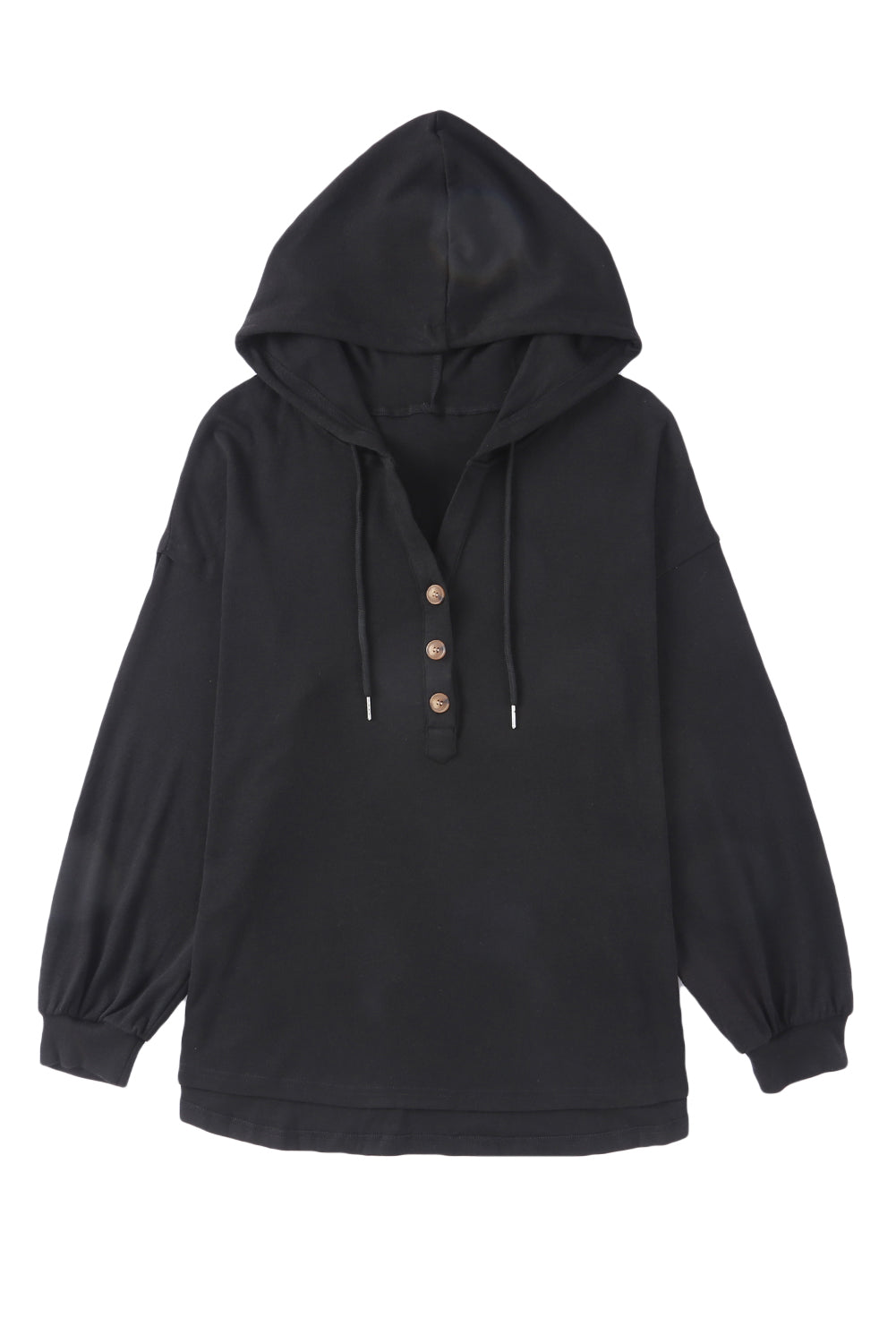 Black Buttoned High and Low Hem Hoodie