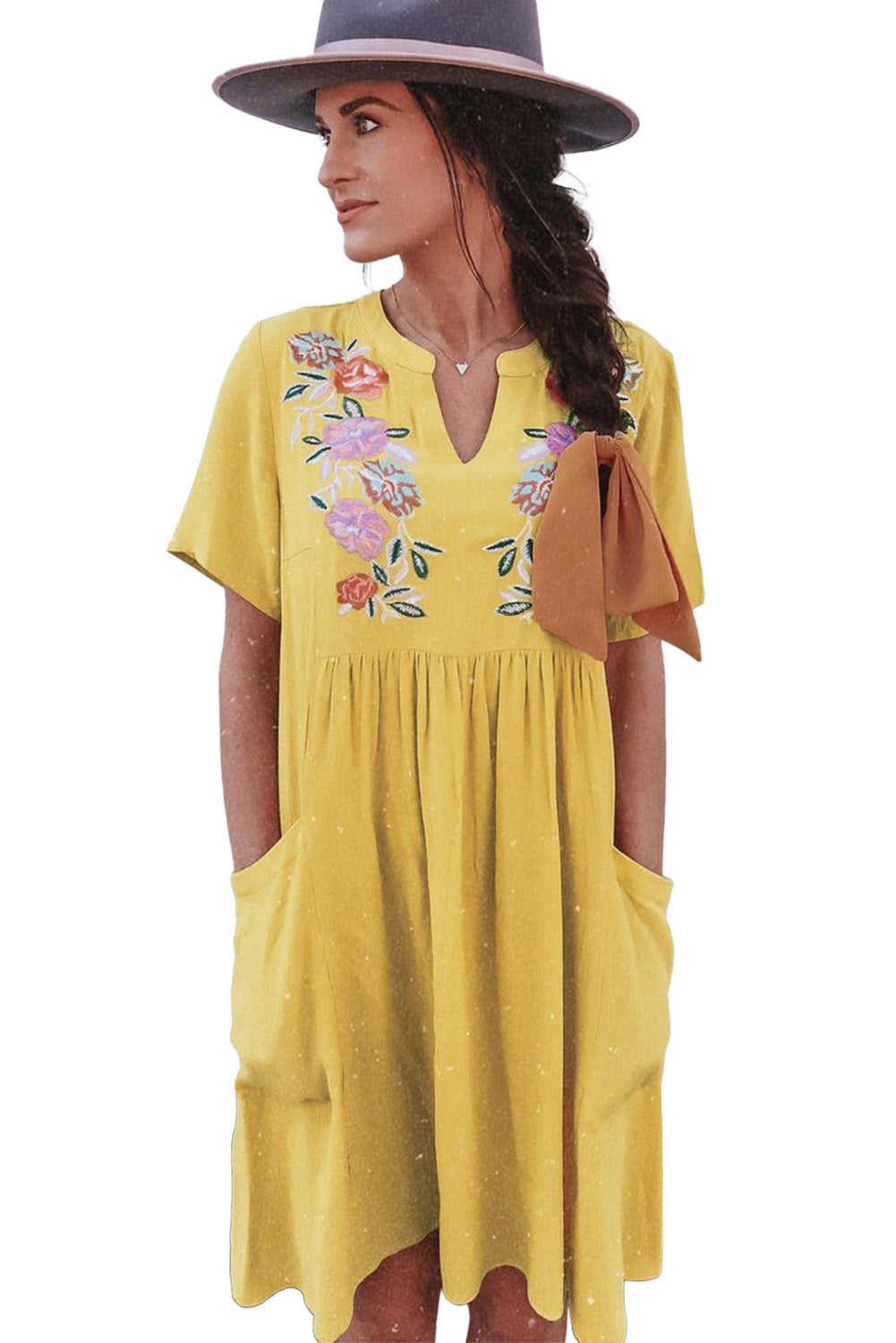 Žuta okretna haljina Babydoll s izvezenim cvjetnim ovratnikom