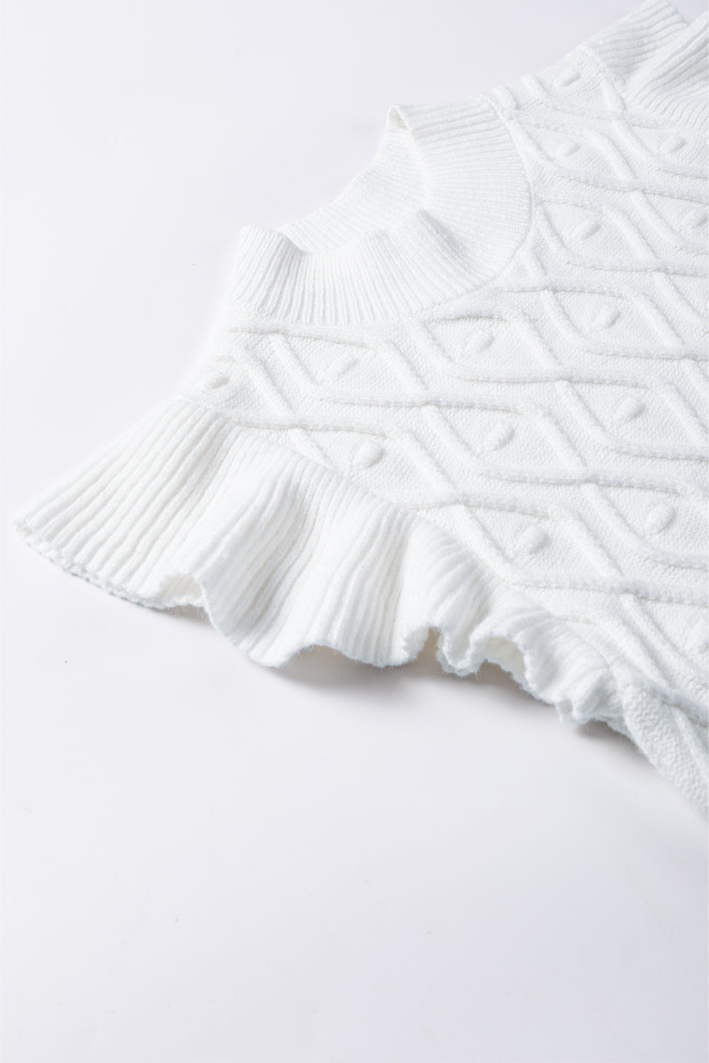 White Textured Ruffled Mock Neck Knitted Vest