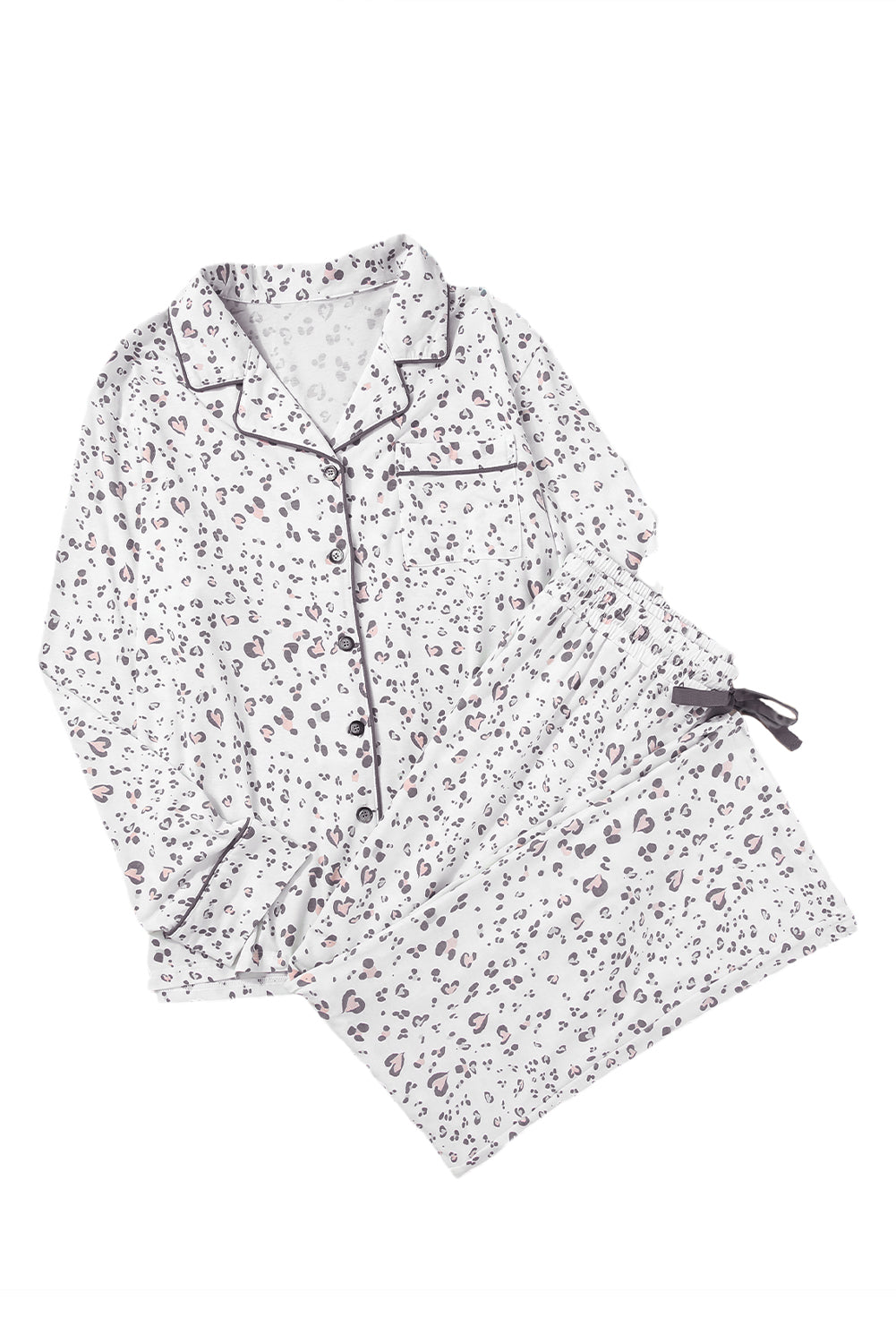 Set pigiama a maniche lunghe e pantaloni con stampa leopardata bianca