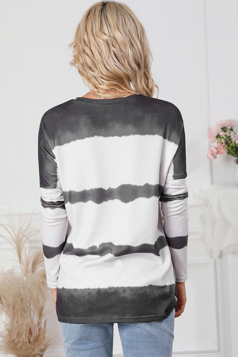 Gray Tie Dye Striped Loose Knitted Long Sleeve Top with Slits