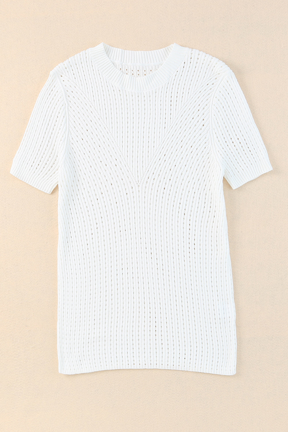 Weißes, ausgehöhltes, kurzärmeliges Strick-T-Shirt