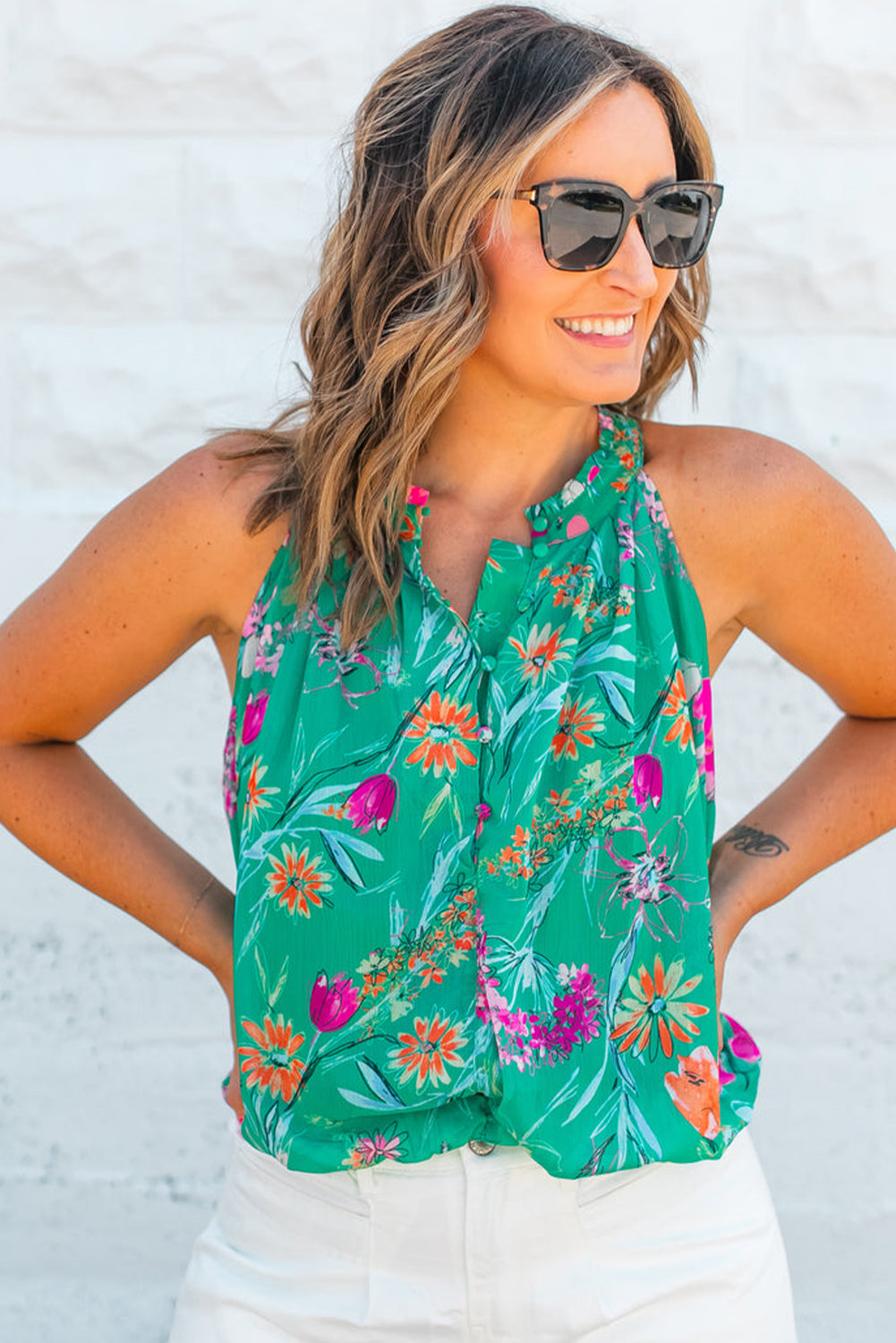 Bright Green Floral Print Buttoned Neckline Tank Top