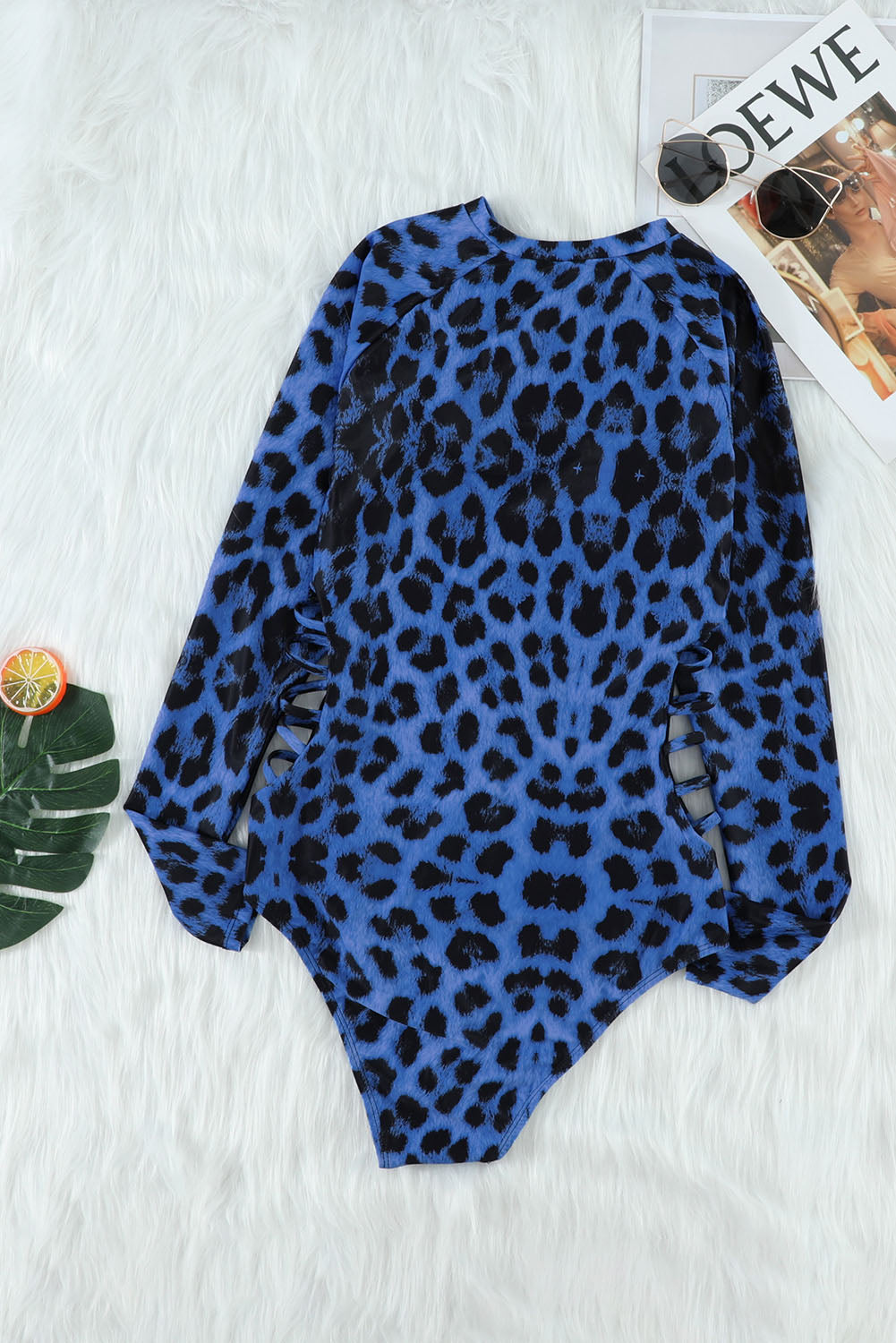 Costume da bagno Rash Guard con stampa leopardata blu e cerniera ritagliata