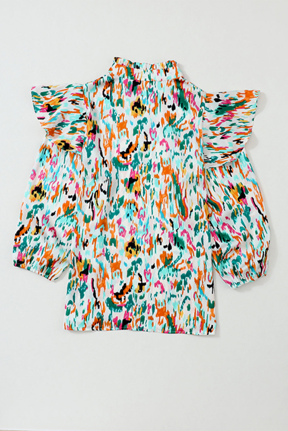 Višebojna bluza s abstraktnim printom 3/4 s puf rukavima i volanima