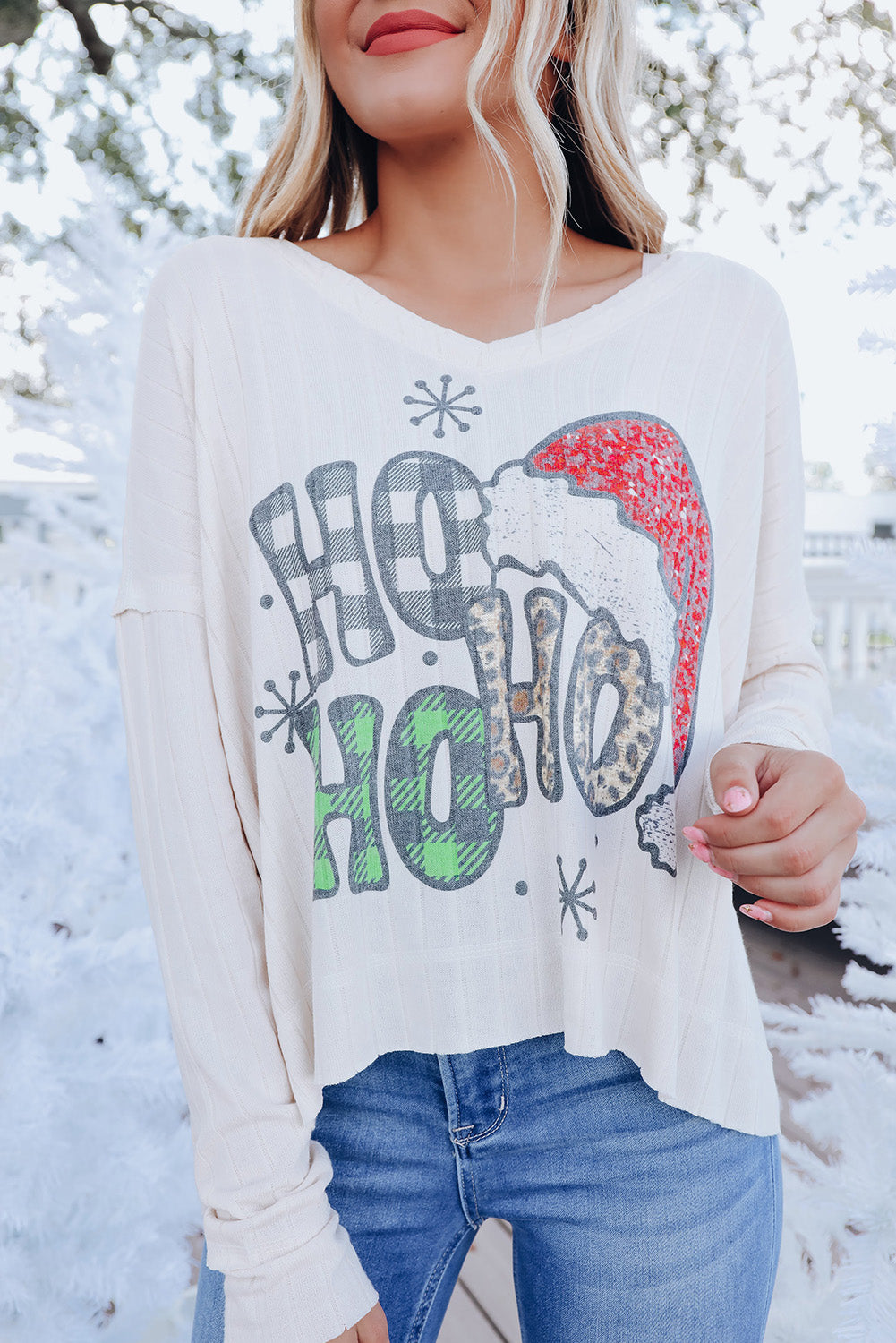 Weißes HOHOHO-Weihnachtsgrafik-Langarmshirt mit breitem Rippenmuster